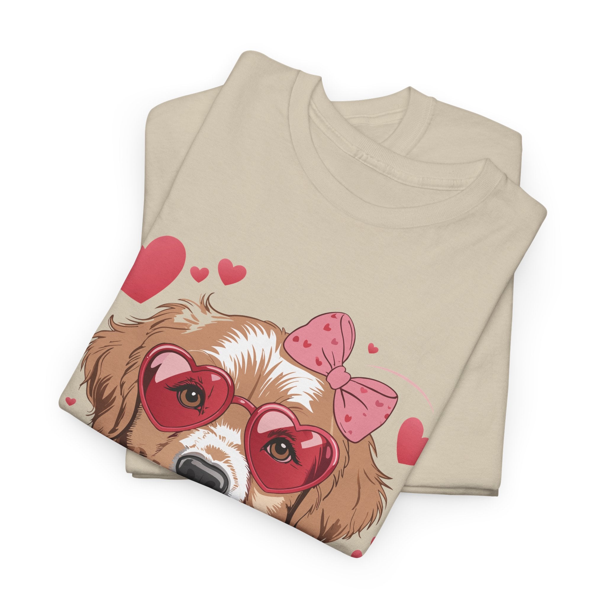 Valentine Dog T-Shirt — Cute Pup with Heart Glasses, Pink Bow & Lollipop..Unisex Cotton Tee