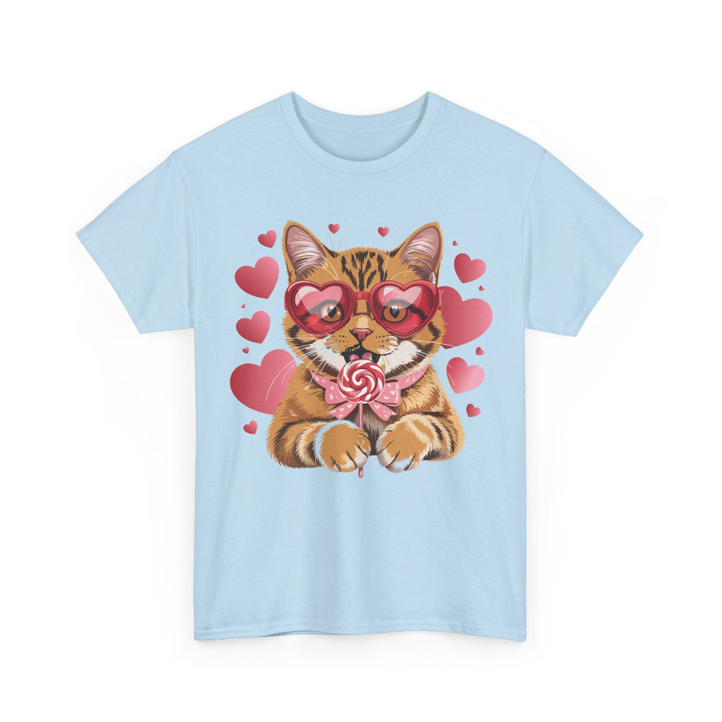 Valentine Cat Tee — Heart Glasses, Lollipop Bow Unisex Cotton Tee