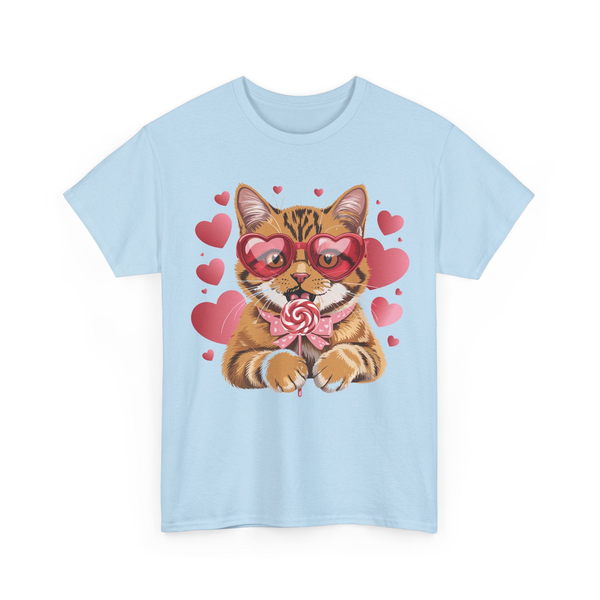Valentine Cat Tee — Heart Glasses, Lollipop Bow Unisex Cotton Tee