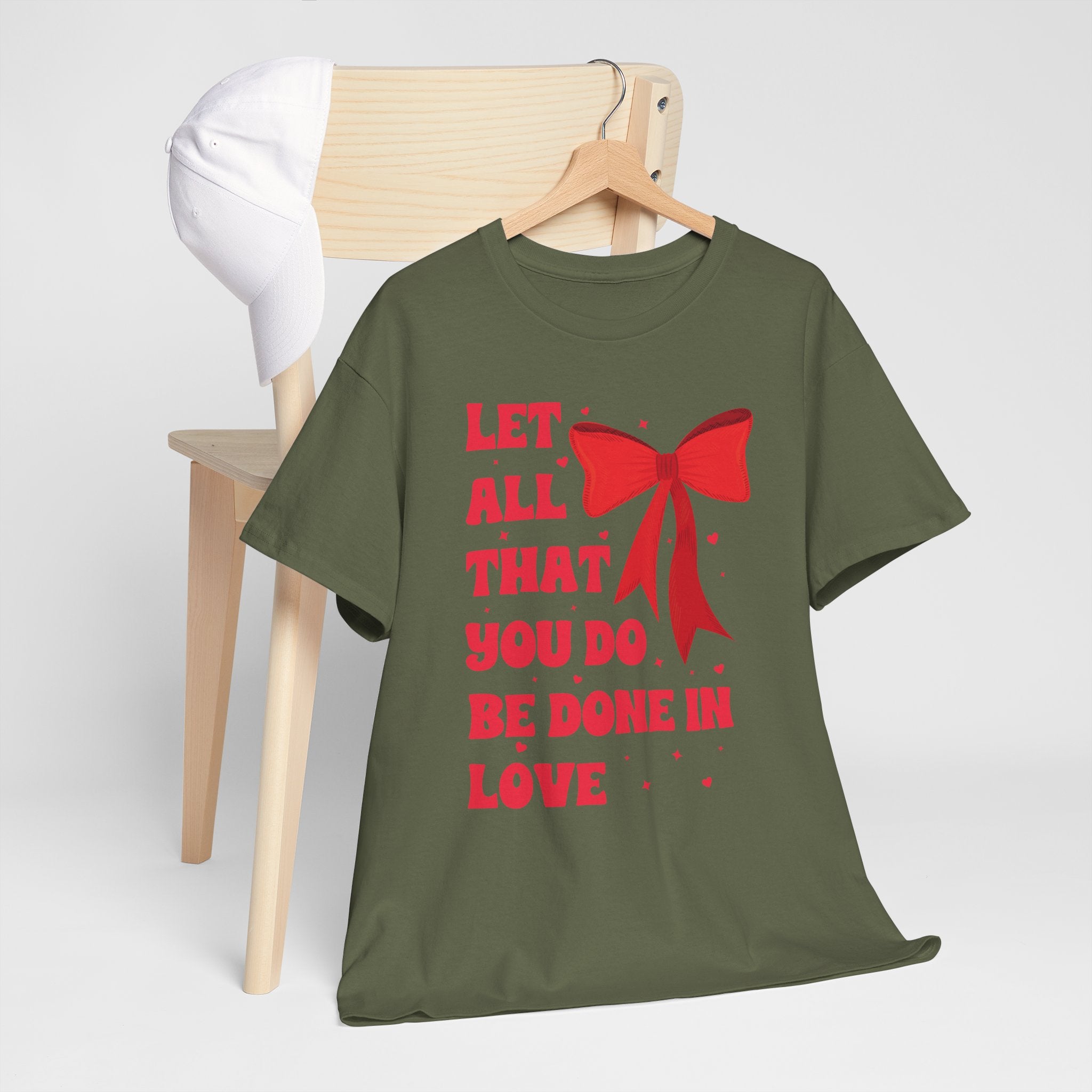 Valentine Tee — "Let All That You Do Be Done in Love" Heart Bow Unisex Cotton Shirt