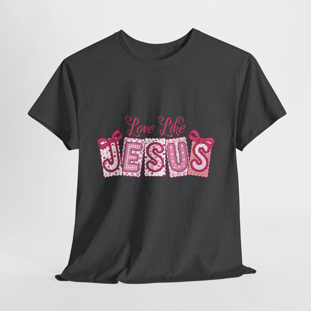 Love Like Jesus Patchwork Tee — Pink Stitched Heart Graphic.Unisex Cotton Tee