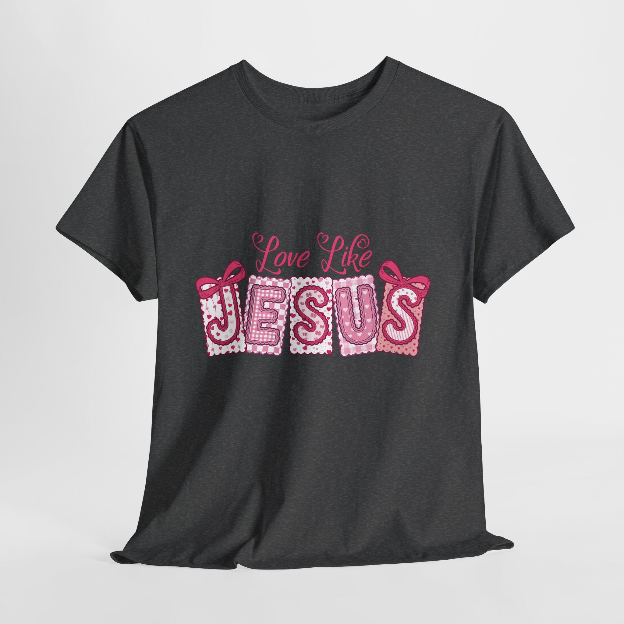 Love Like Jesus Patchwork Tee — Pink Stitched Heart Graphic.Unisex Cotton Tee
