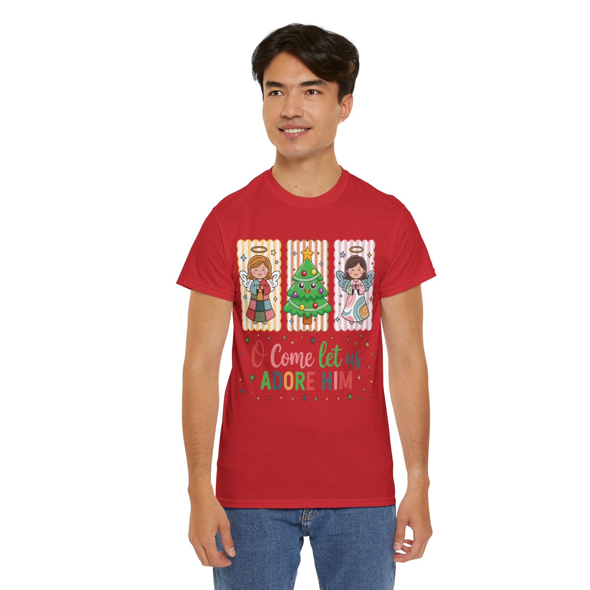 O Come Let Us Adore Him Christmas Tee — Smiling Angels & Happy Tree..Unisex Cotton Tee