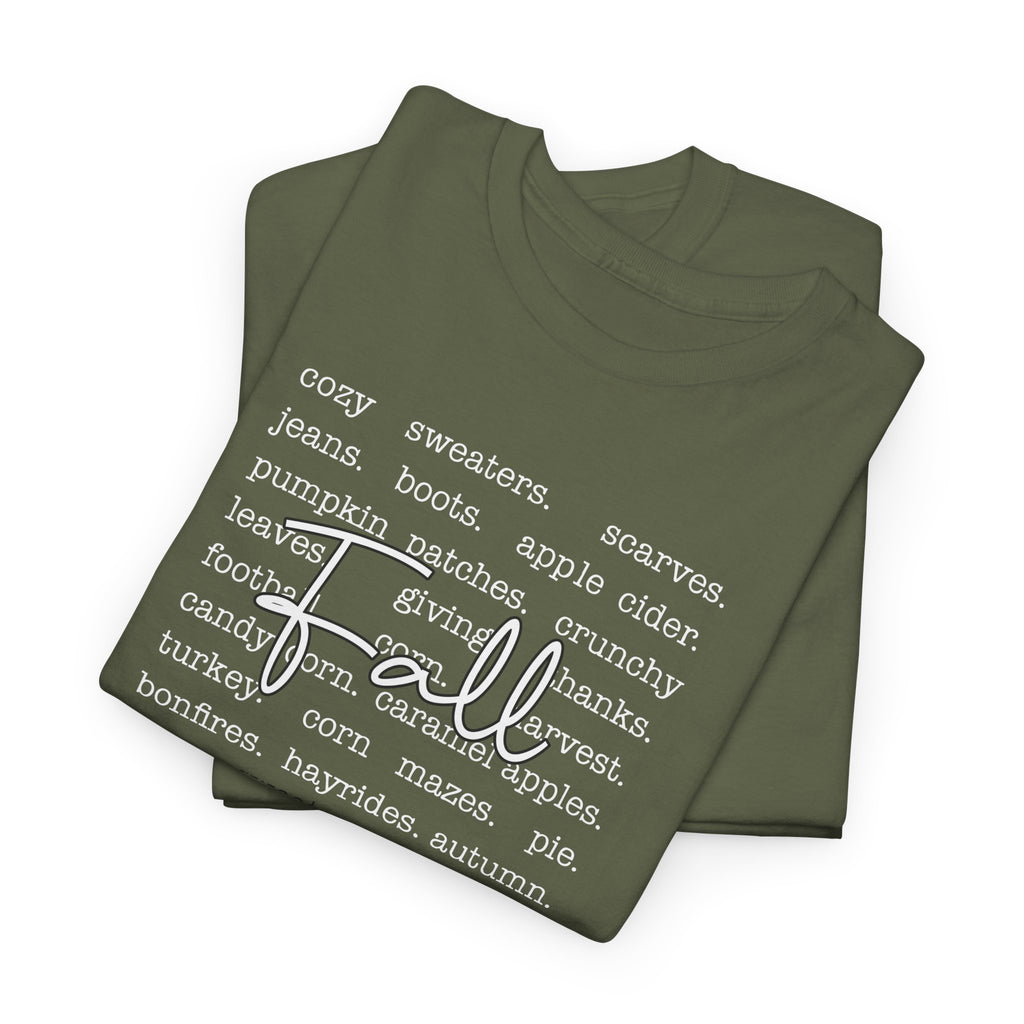 Fall Cursive Typography T-Shirt — Sweaters, Cider & Pumpkins. Unisex Cotton Tee