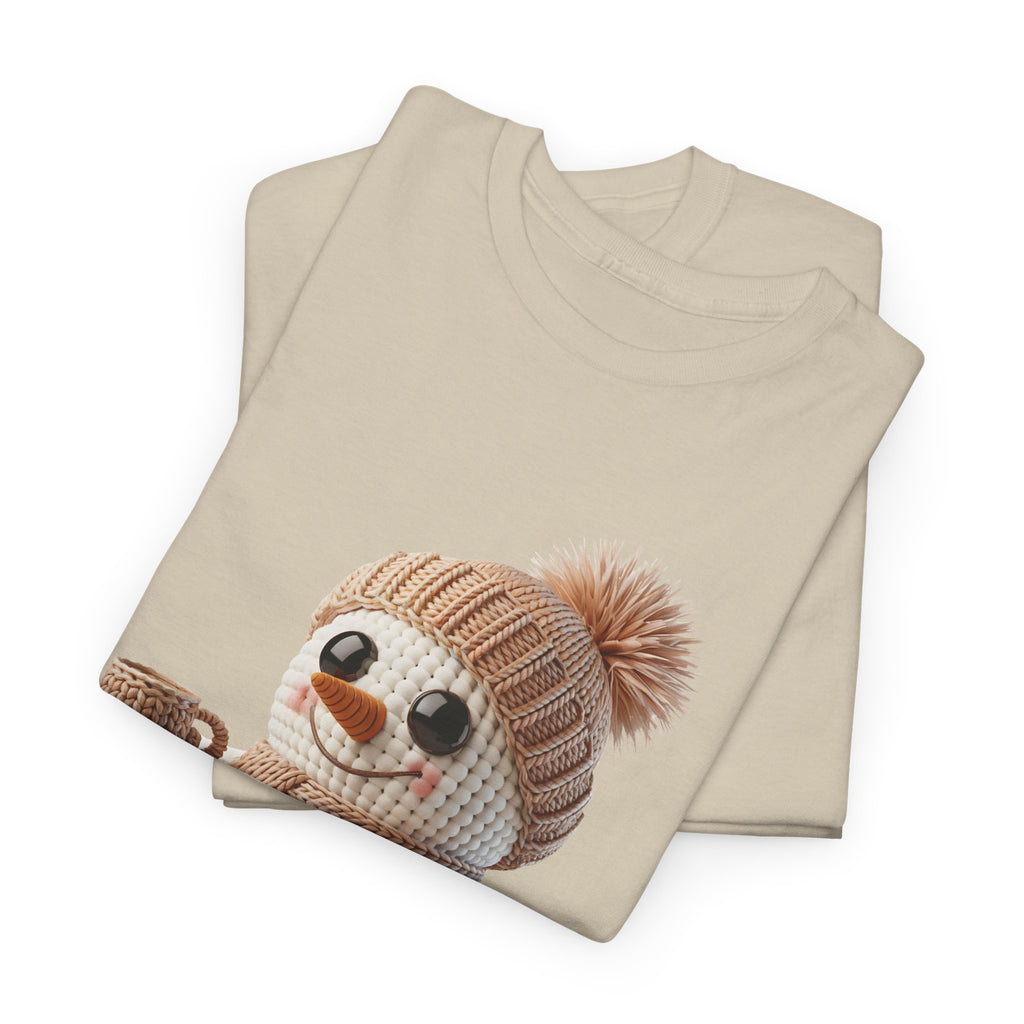 Cozy Snowman Tee — Smiling Snowman with Mug, Scarf & Beanie. Unisex Cotton Tee
