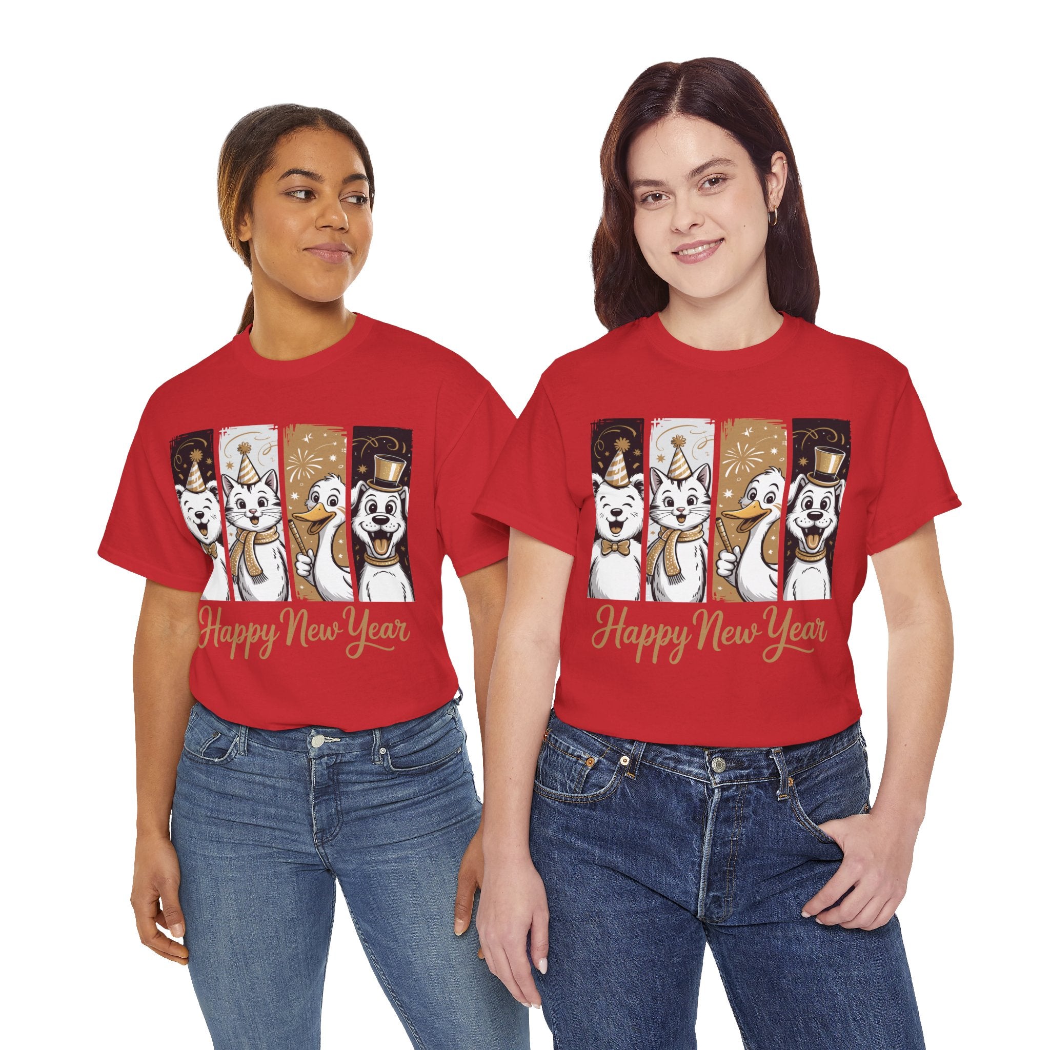 Happy New Year Party Animals T-Shirt — Cute Smiling Animals in Party Hats & Gold Fireworks..Unisex Cotton Tee