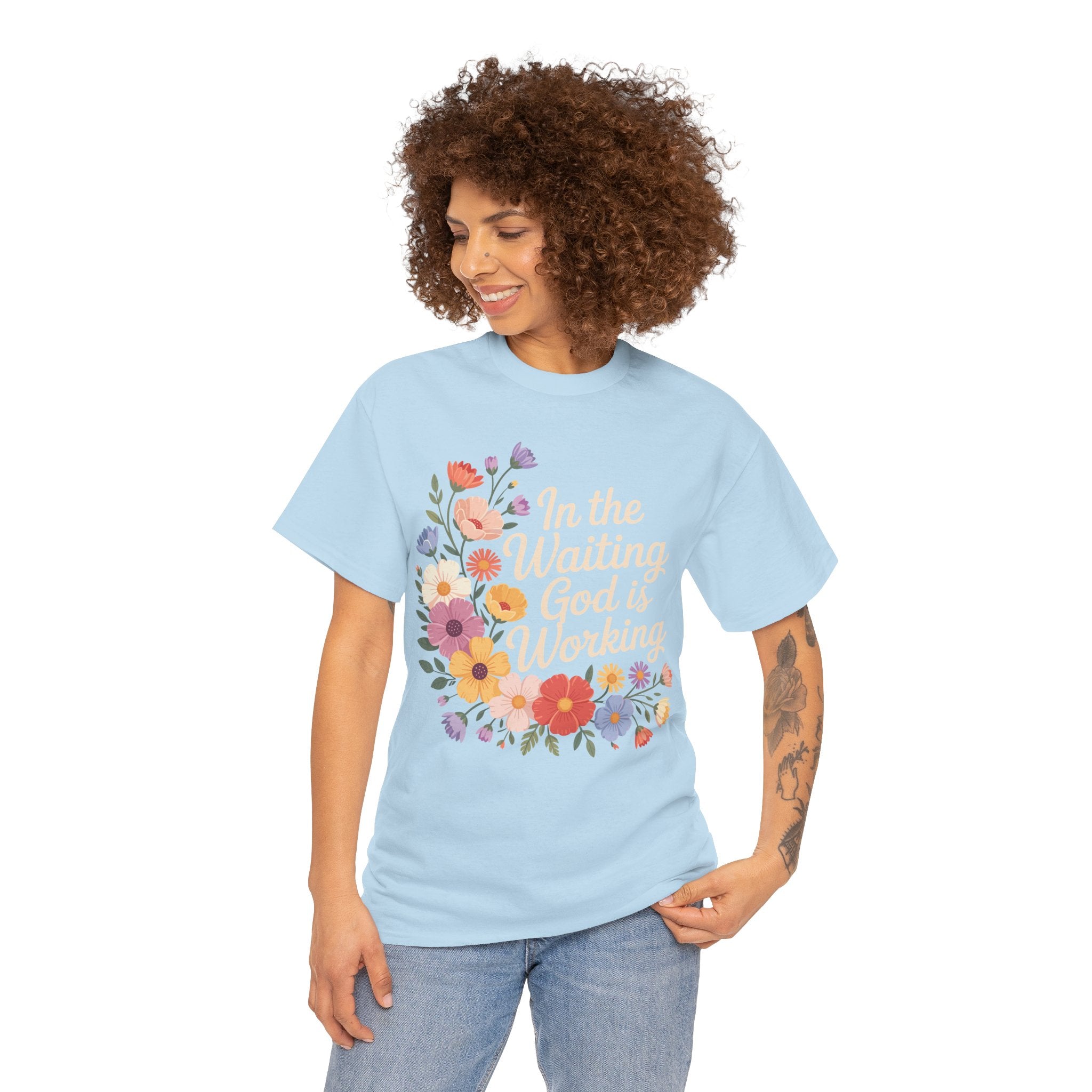Pastel Floral “In the Waiting God Is Working” Unisex Cotton T-Shirt
