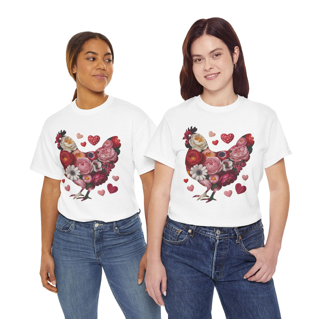 Floral Chicken Heart Tee — Red & Pink Flower Silhouette Unisex Cotton Tee