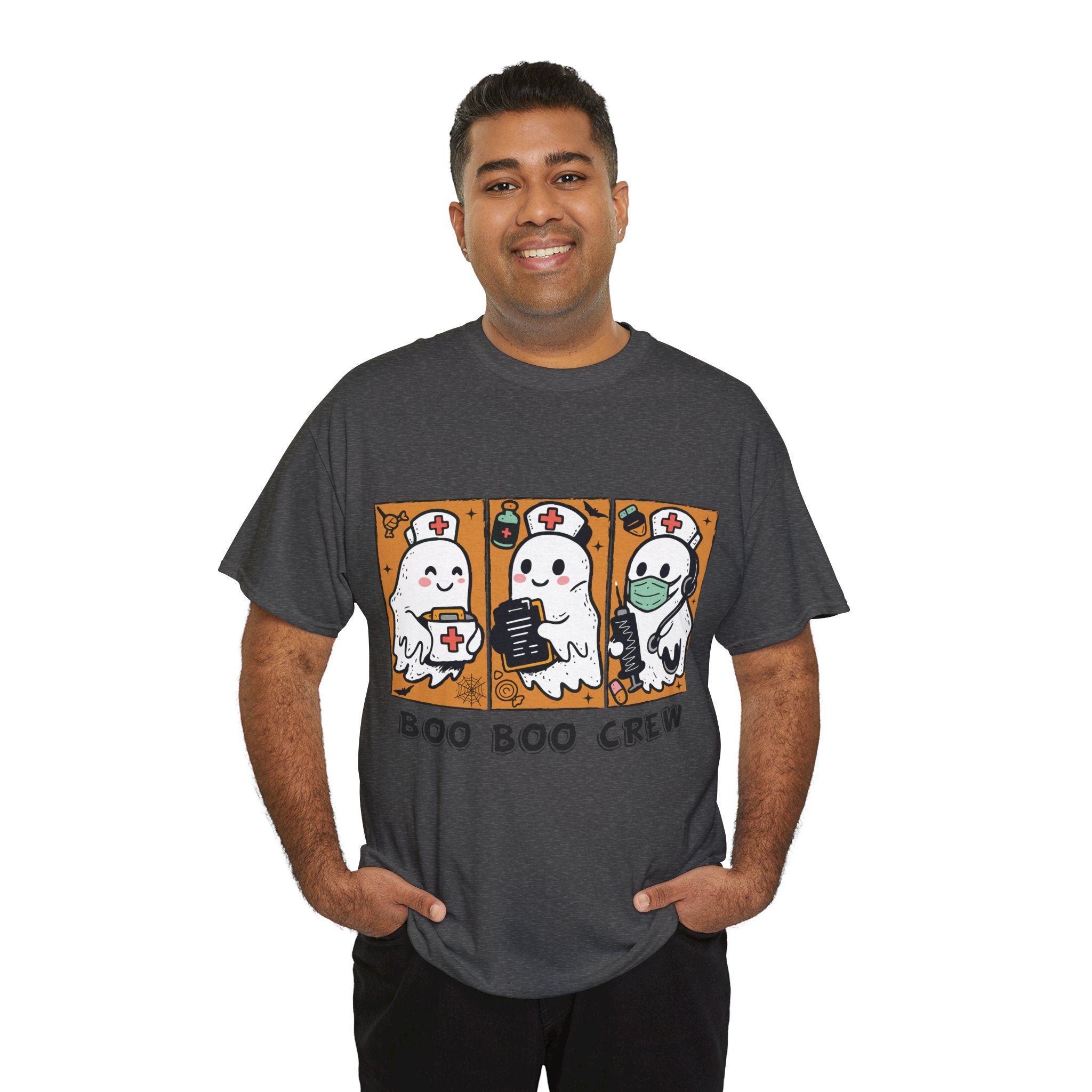 Halloween Nurse T-Shirt — Ghost Nurses Holding Medical Tools on Orange Unisec Cotton Tee