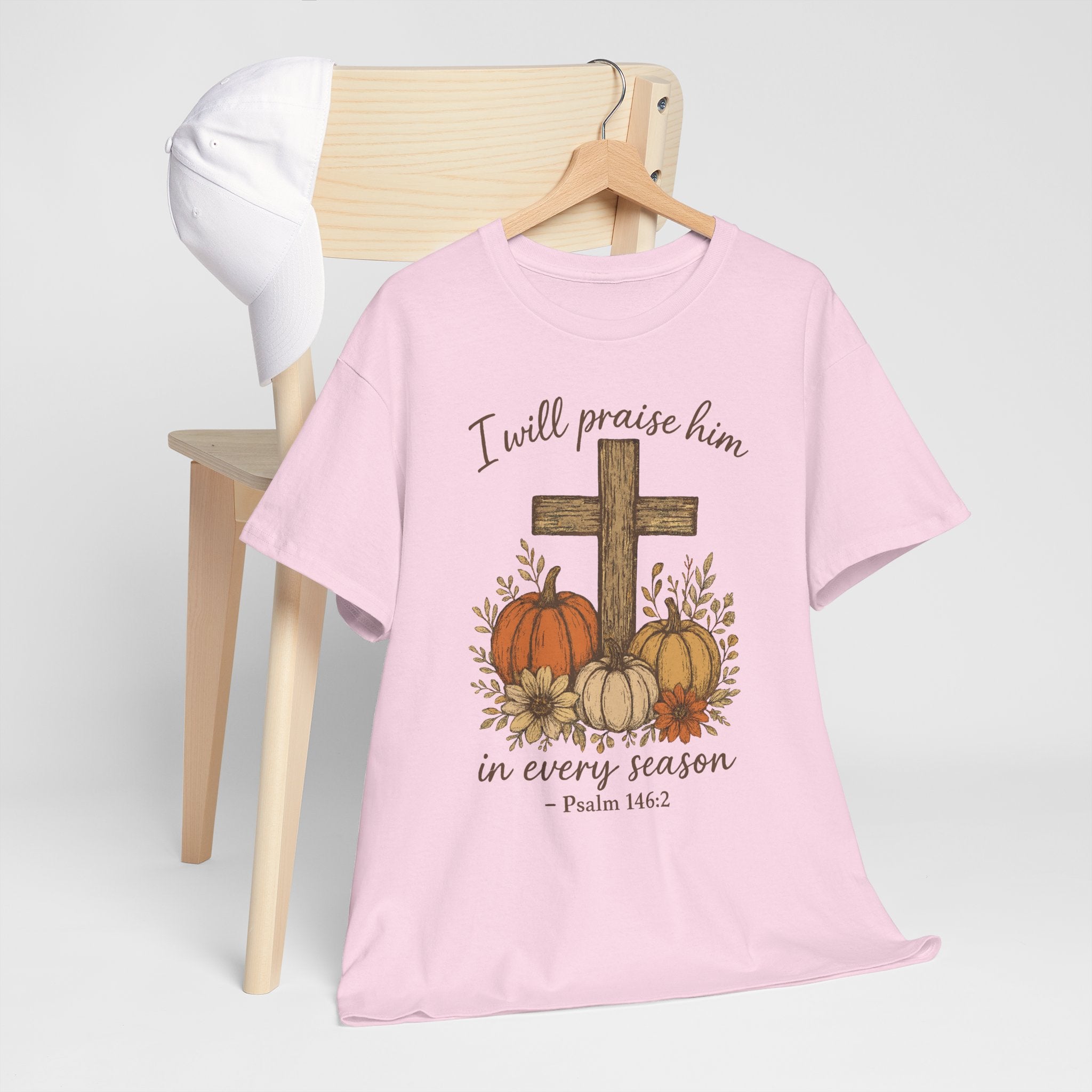 Psalm 146:2 Pumpkin Cross T-Shirt — I Will Praise Him in Every Season. Unisex Cotton Tee