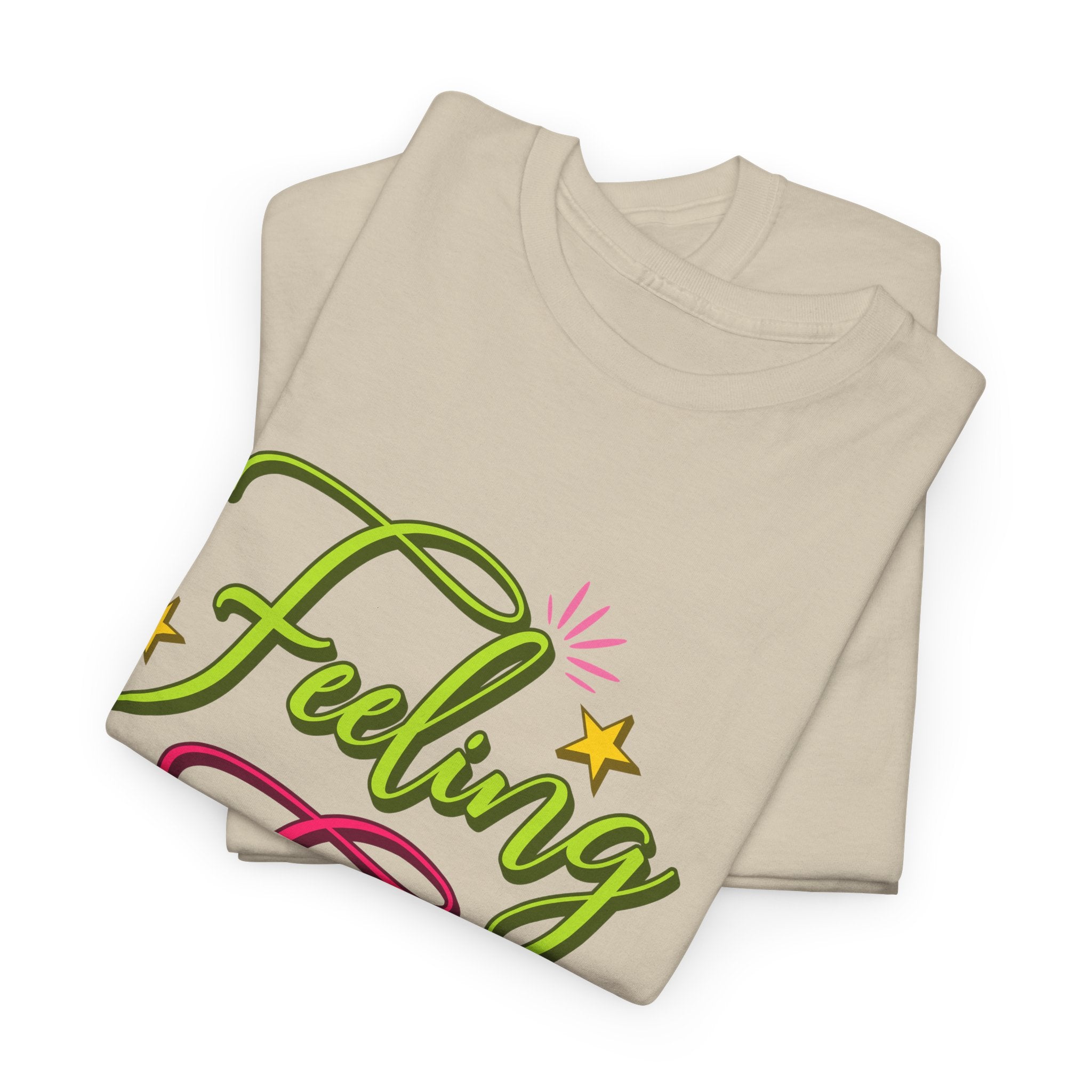 Feeling Frosty Holiday T-Shirt — Green & Pink Script Stars.Unisex Cotton Tee