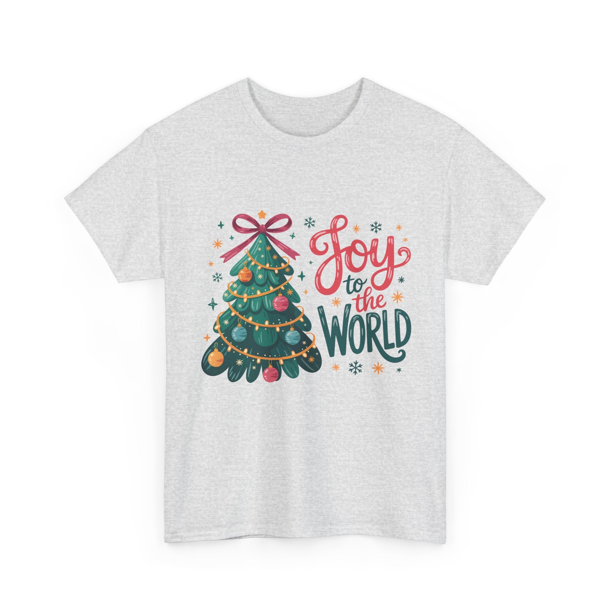 Joy to the World Christmas Tee — Festive Tree with Pink Bow..Unisex Cotton Tee