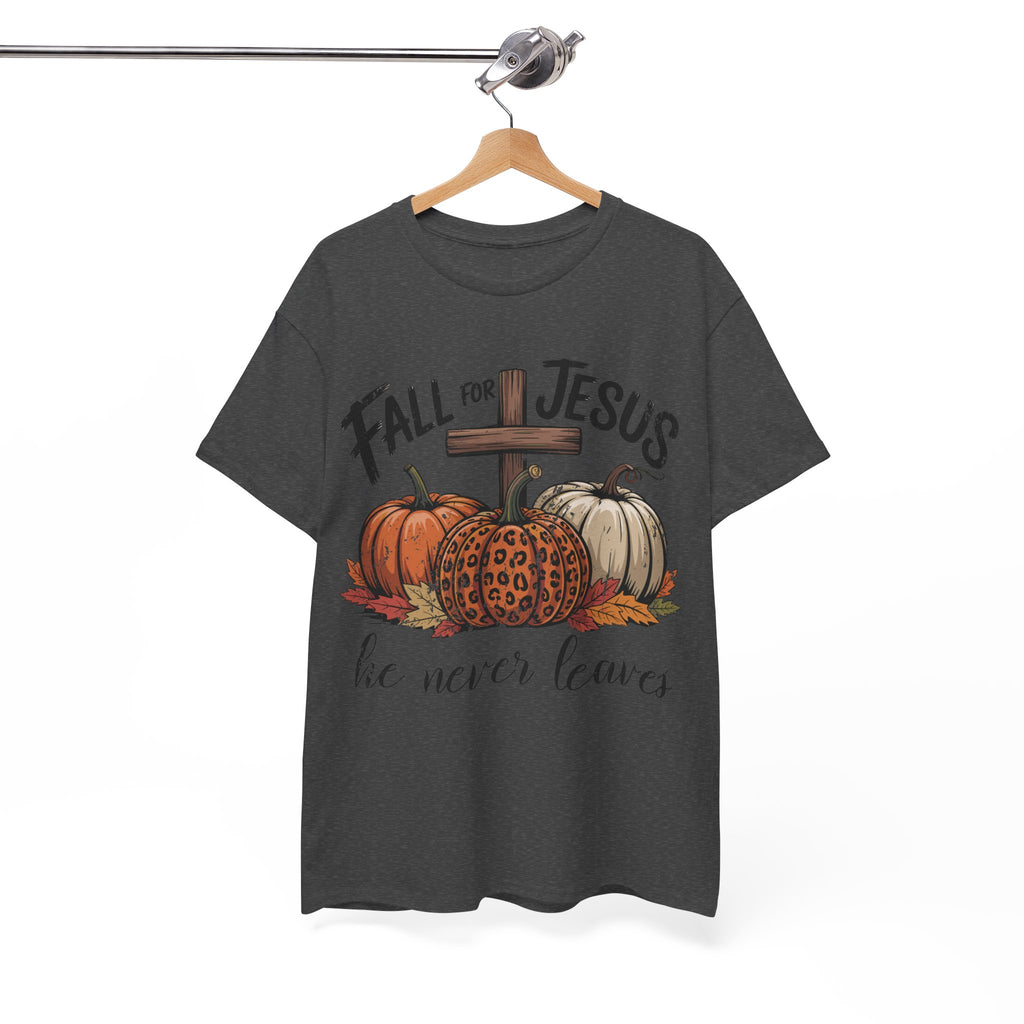 Fall for Jesus Pumpkin Cross Tee — "He Never Leaves" Autumn Christian Unisex Cotton T-Shirt