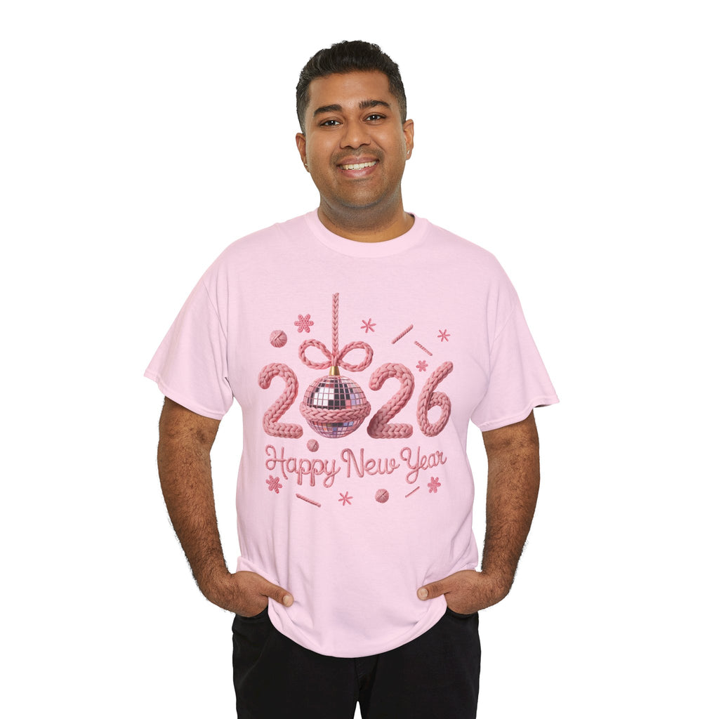 2026 Happy New Year Pink Knitted Disco Ball Unisex Cotton Tee