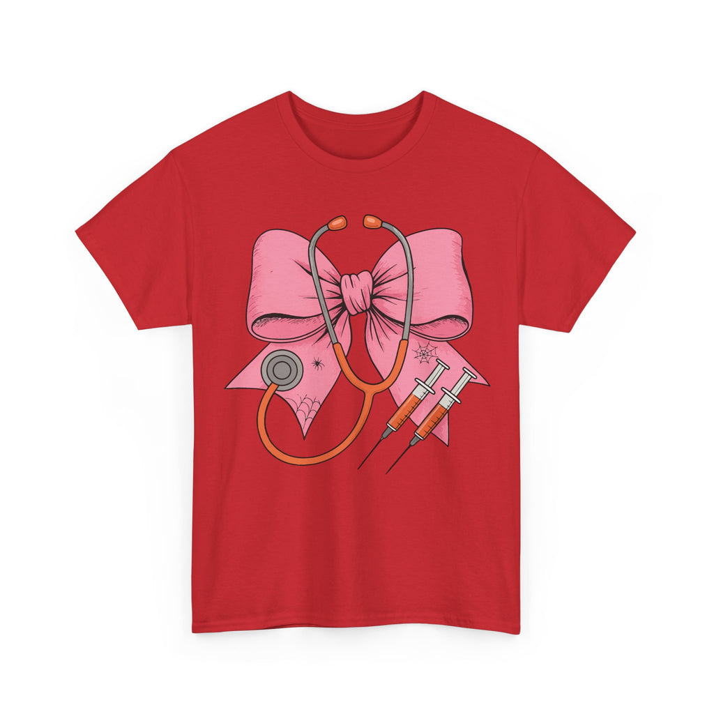 Halloween Nurse T‑Shirt — Pink Nurse Bow with Stethoscope, Syringes & Spider Webs..Unisex Cotton Tee