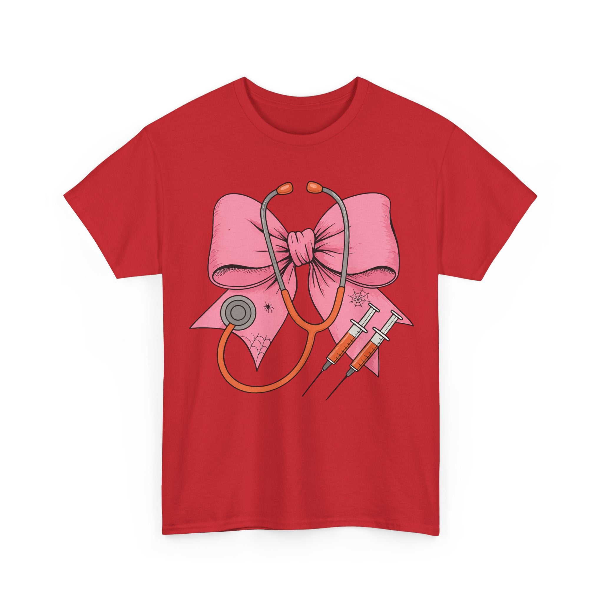 Halloween Nurse T‑Shirt — Pink Nurse Bow with Stethoscope, Syringes & Spider Webs..Unisex Cotton Tee