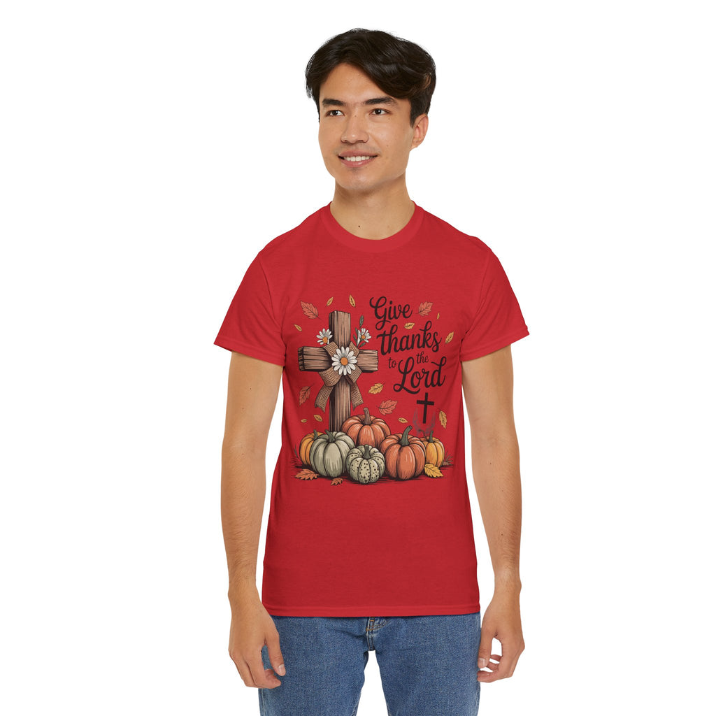 Give Thanks to the Lord Autumn Tee — Wooden Cross, Pumpkins & Daisies..Unisex Cotton Tee