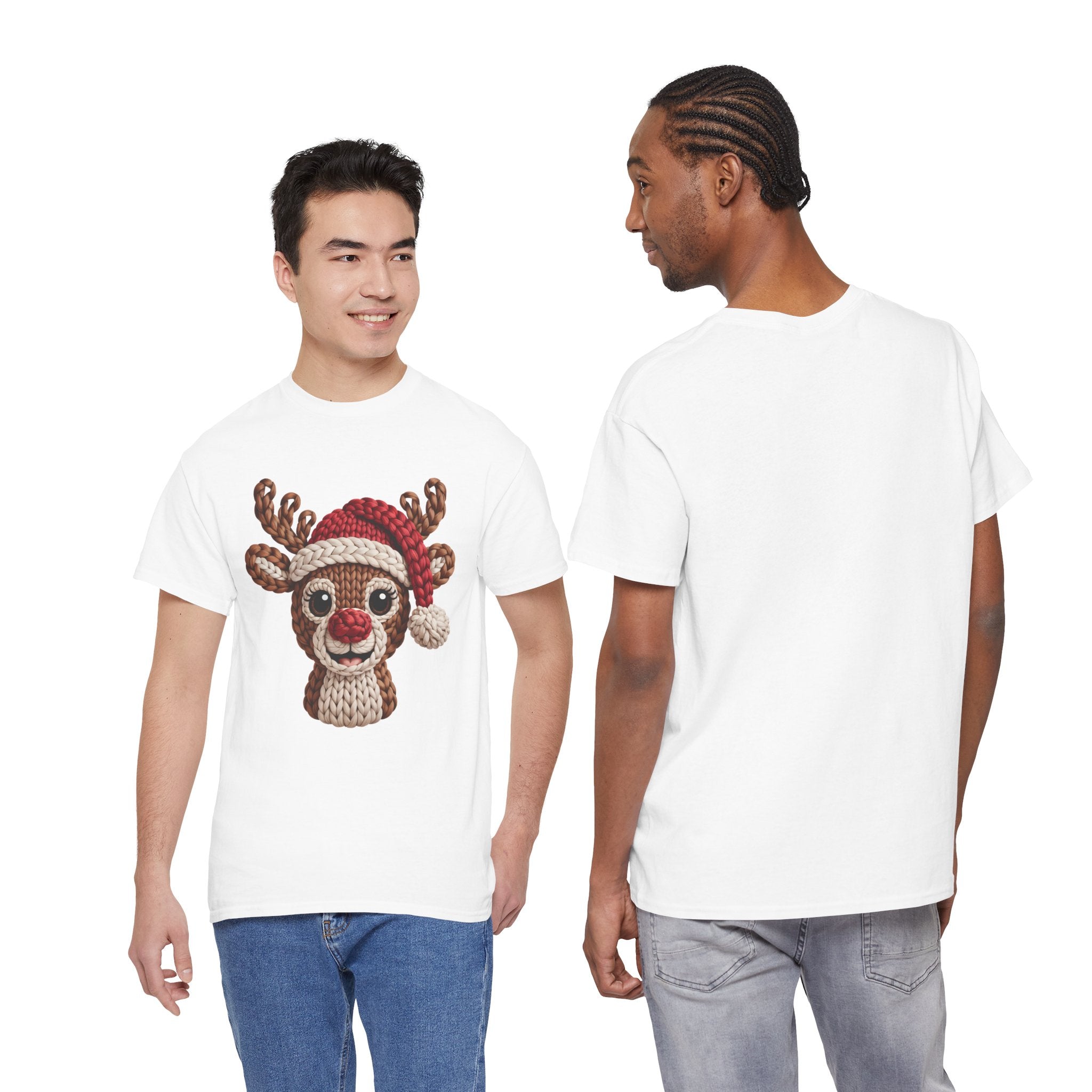 Reindeer in Santa Hat Cotton Tee — Joyful Faux-Yarn Holiday Unisex Coton T-Shirt