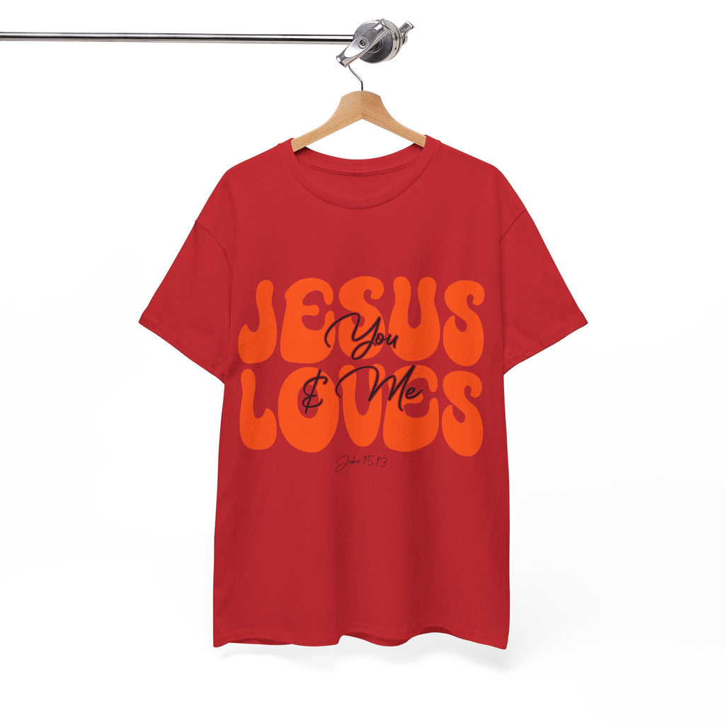 Jesus Loves You & Me Retro Tee — Playful Orange Bubbly Christian Unisex Cotton T-Shirt