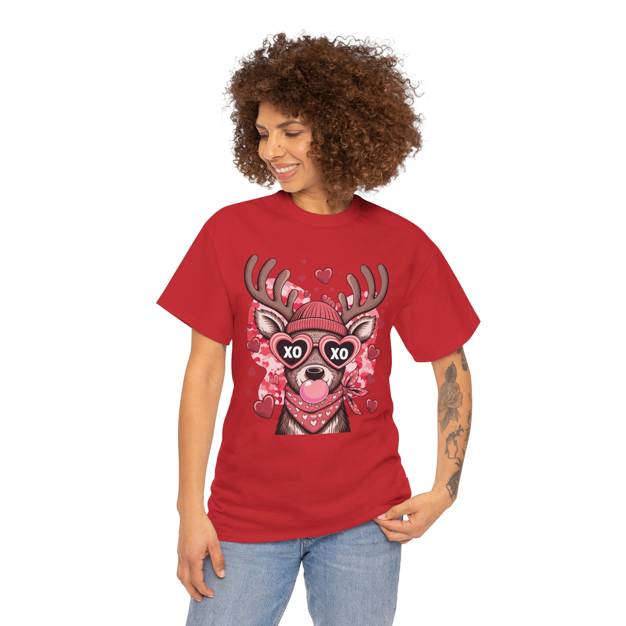 Valentine Deer Tee — Cute XO Heart Glasses, Beanie & Scarf Unisex Cotton Tshirt