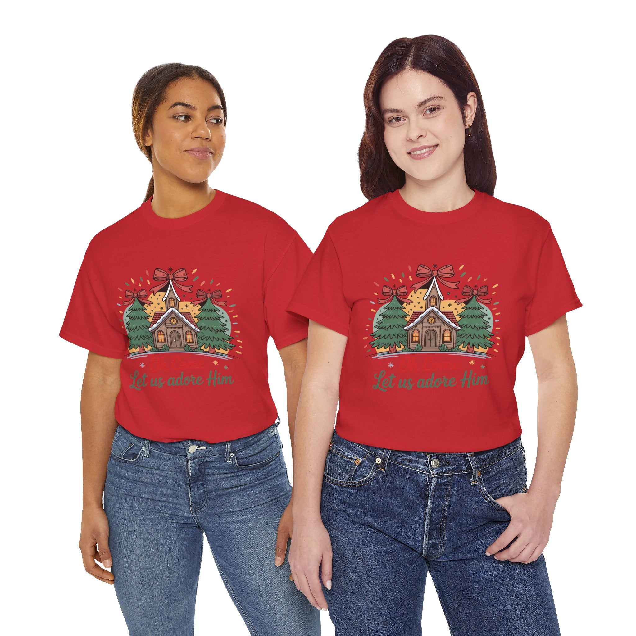 Oh Come Let Us Adore Him Christmas Tee — Church & Trees Holiday Unisex Cotton Tshirt