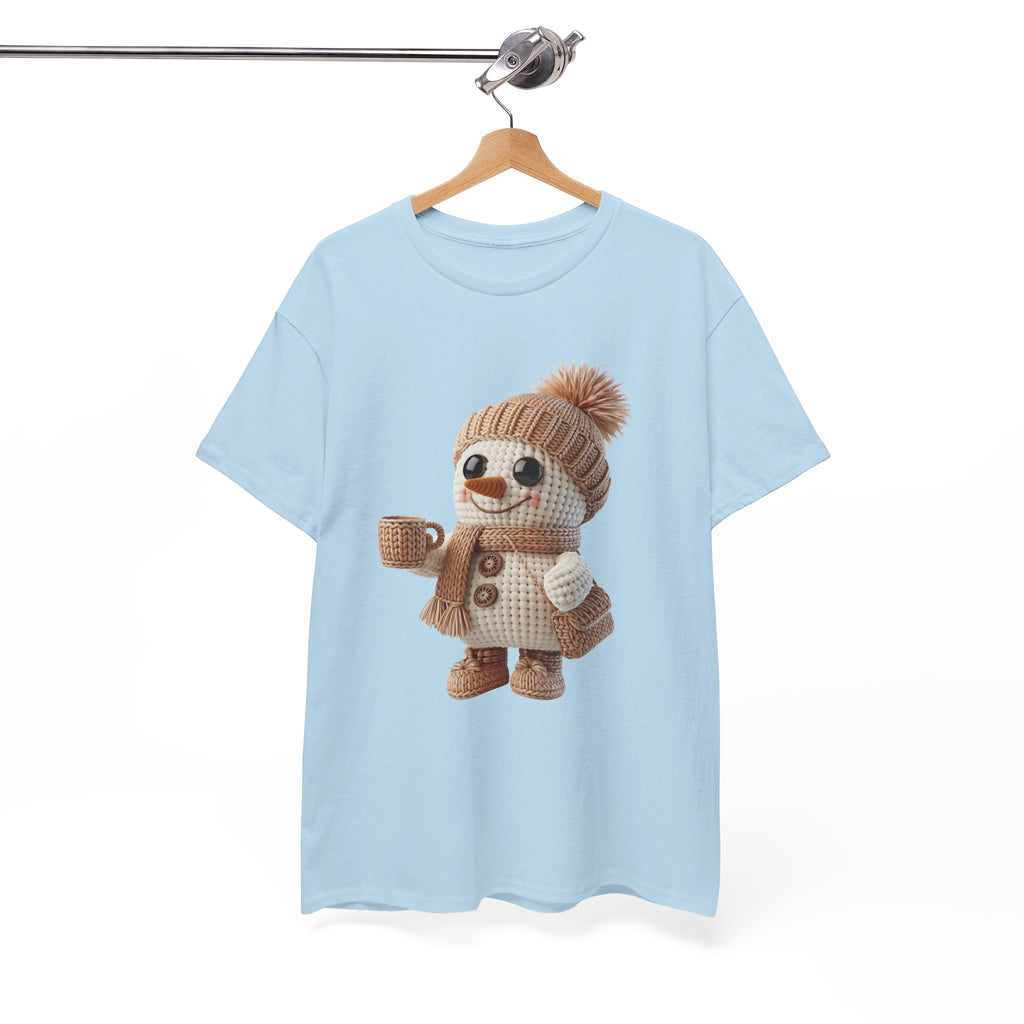 Cozy Snowman Tee — Smiling Snowman with Mug, Scarf & Beanie. Unisex Cotton Tee