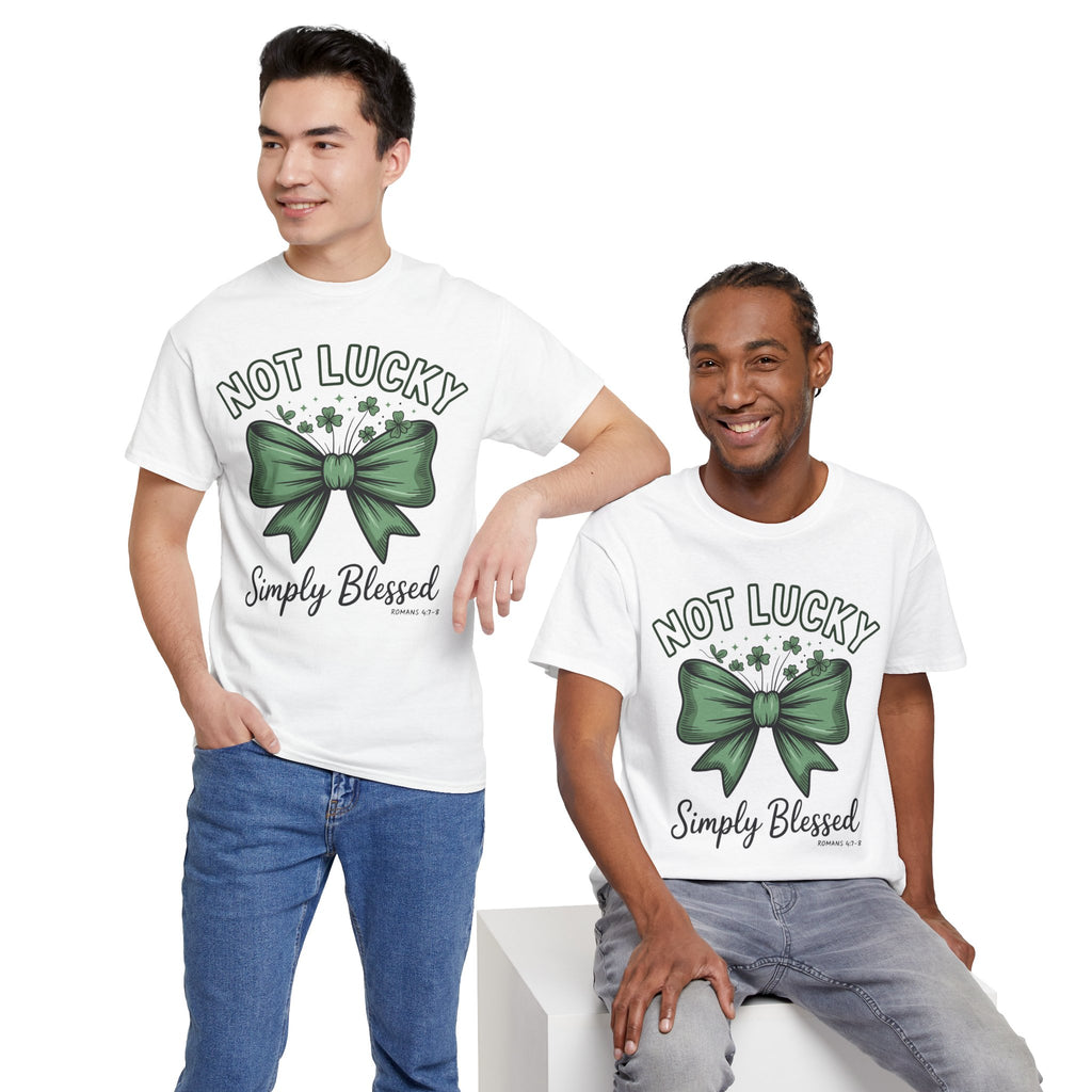 Not Lucky, Simply Blessed T-Shirt — Green Bow & Clovers St. Patrick’s Unisex Cotton Tee
