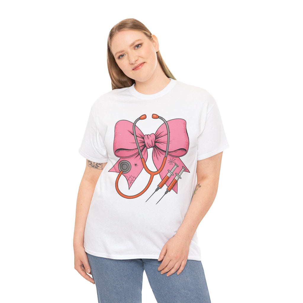Halloween Nurse T‑Shirt — Pink Nurse Bow with Stethoscope, Syringes & Spider Webs..Unisex Cotton Tee