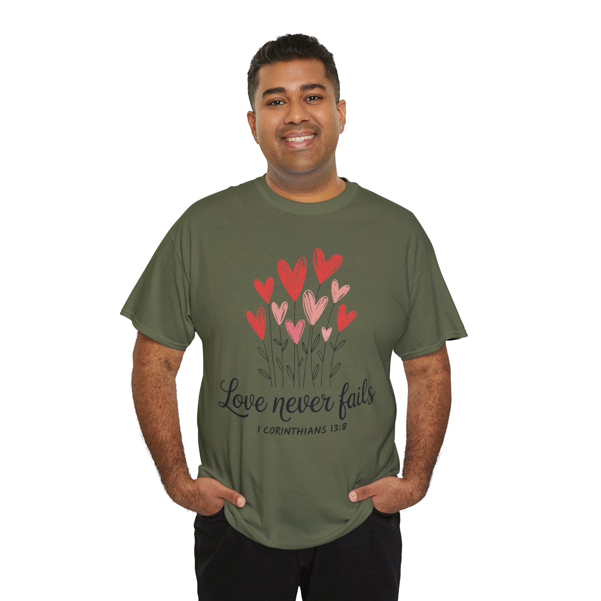 Christian Valentine T-Shirt — "Love Never Fails" (1 Corinthians 13:8) Unisex Cotton Tee
