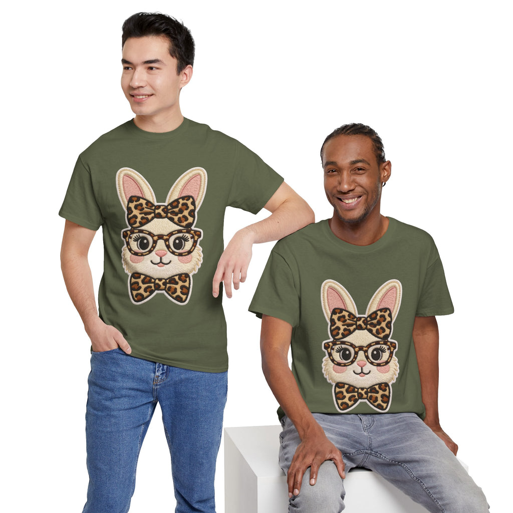 Leopard Bow Bunny Embroidered Tee — Cute Bunny Face with Glasses Patch Unisex Cotton Tee
