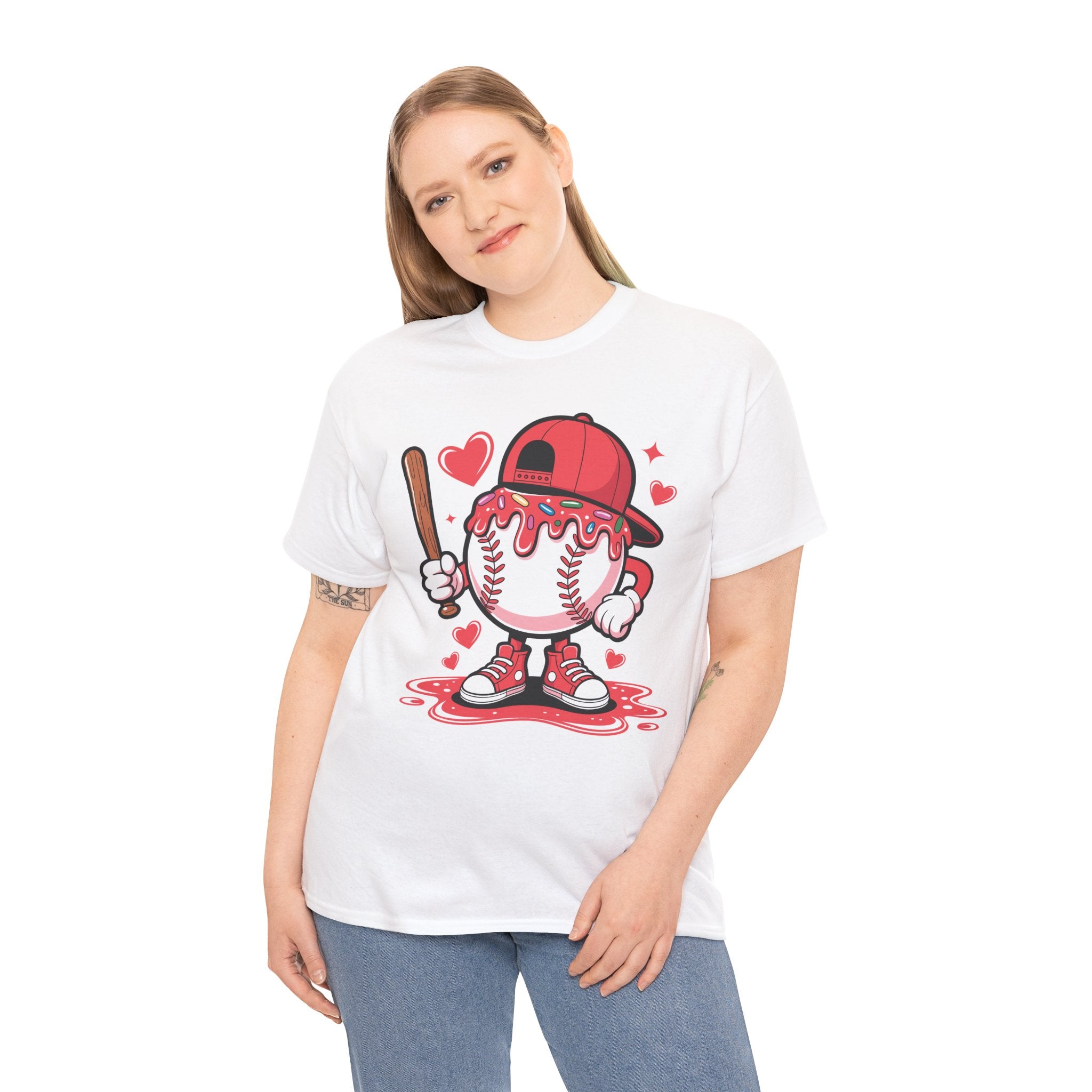 Cute Baseball Character T-Shirt — Red Cap & Icing Top Graphic with Hearts Unisex Cotton Tee