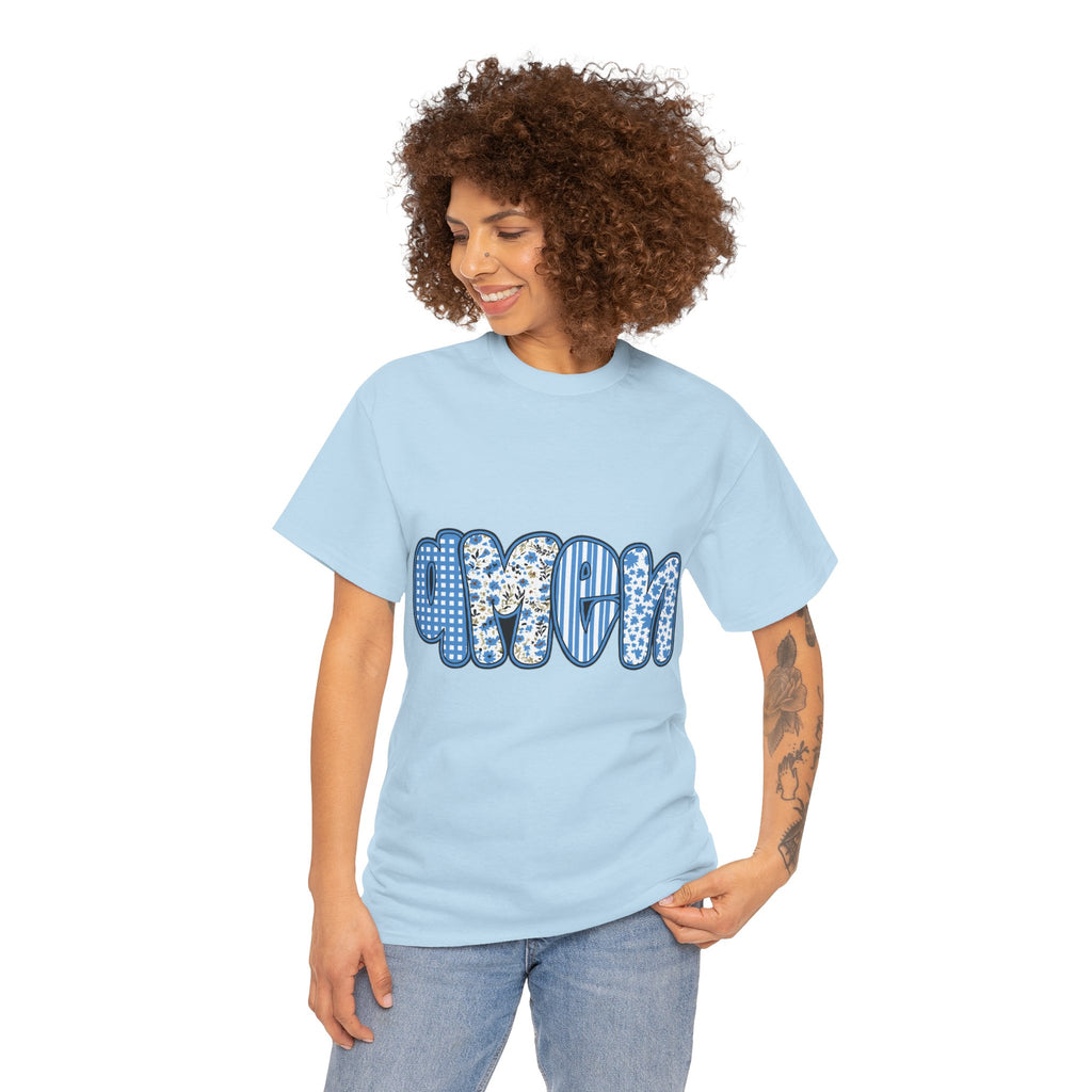 Amen Blue Floral Tee — Decorative Floral Lettering Christian Shirt Unisex Cotton Tee