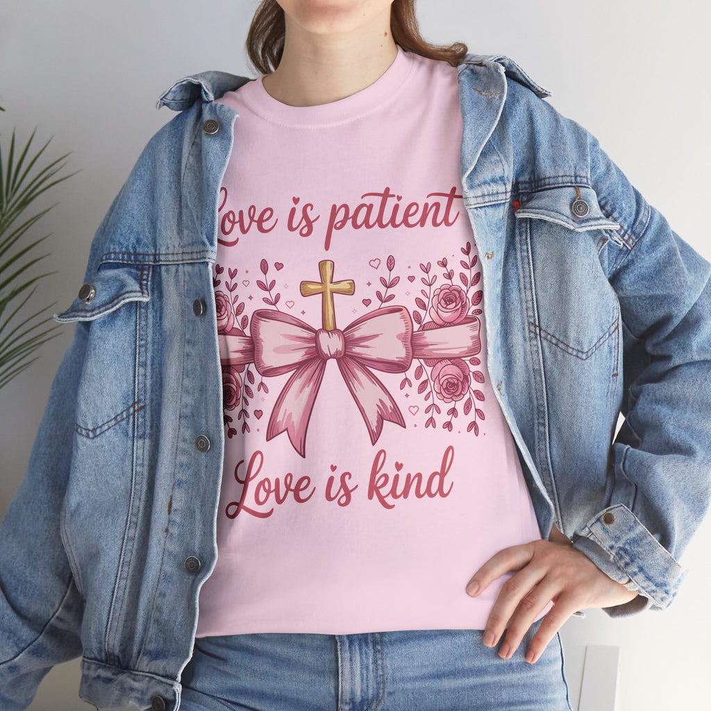 Christian Floral Tee — "Love is Patient, Love is Kind" Pink Rose Cross. Unisex Cotton Tee