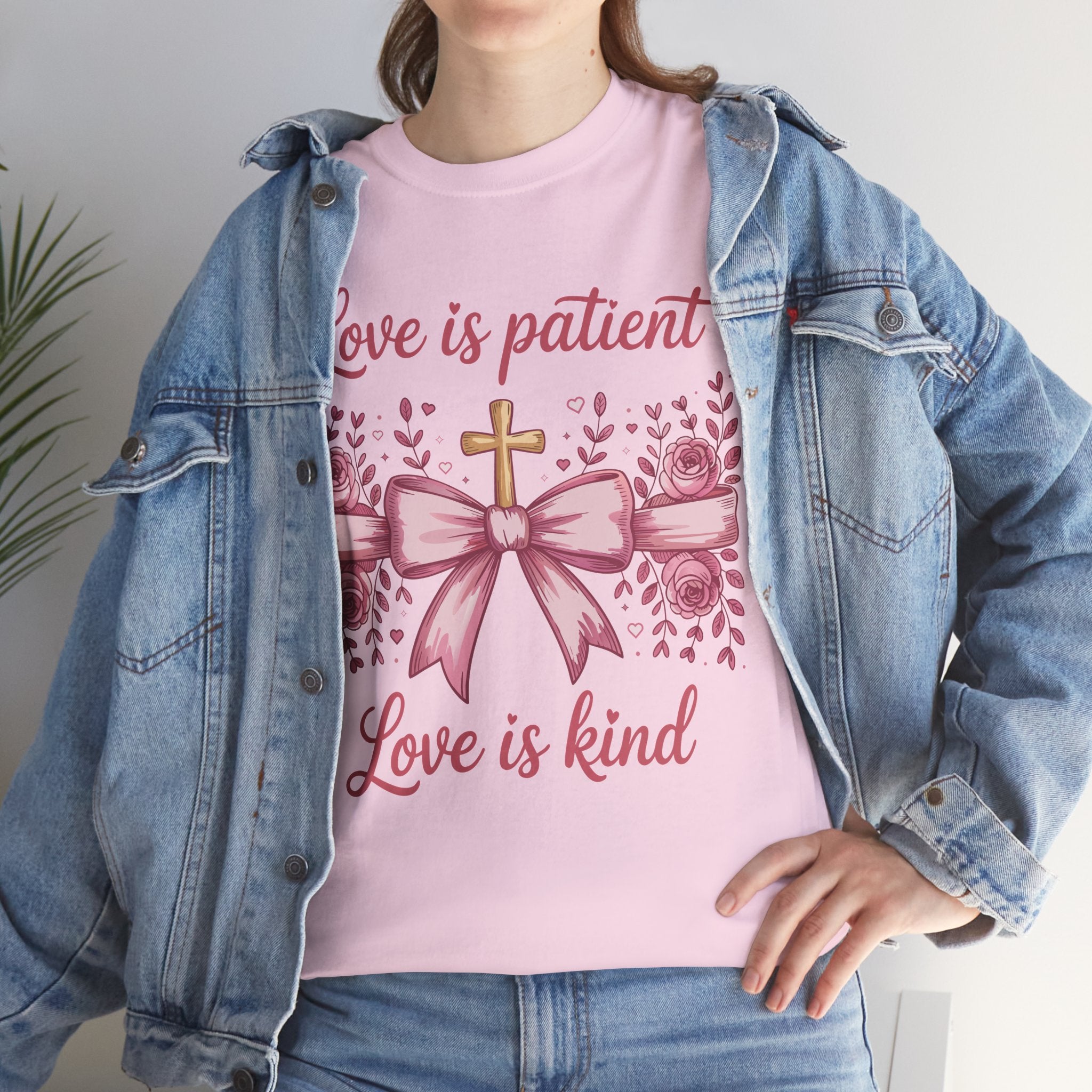 Christian Floral Tee — "Love is Patient, Love is Kind" Pink Rose Cross. Unisex Cotton Tee
