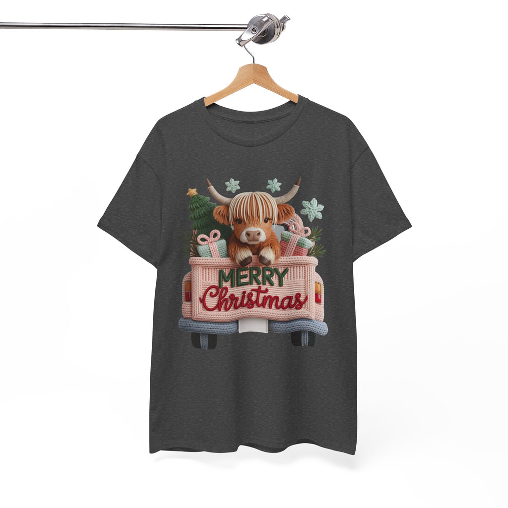 Merry Christmas Highland Cow Knit Truck Unisex Cotton T-Shirt