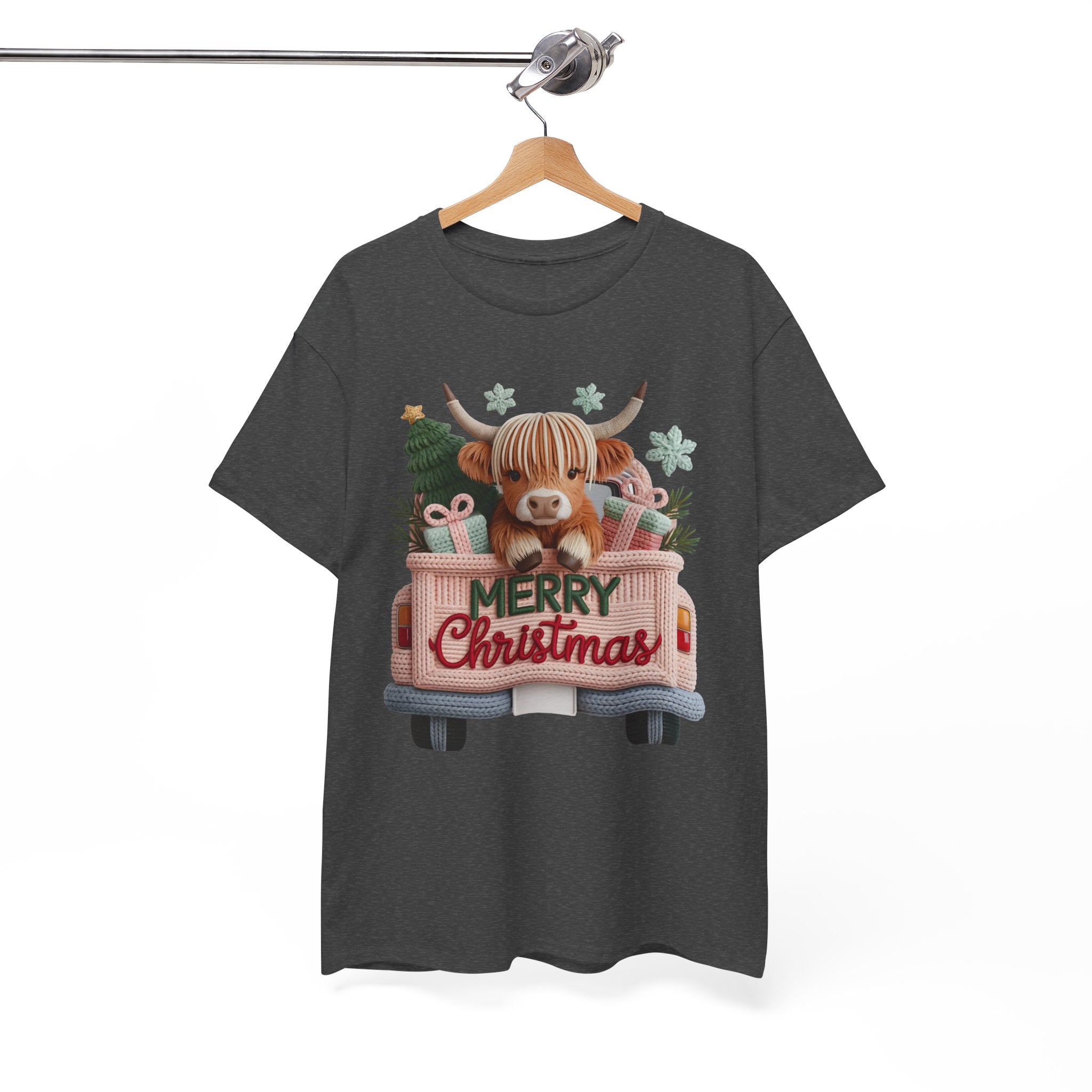 Merry Christmas Highland Cow Knit Truck Unisex Cotton T-Shirt