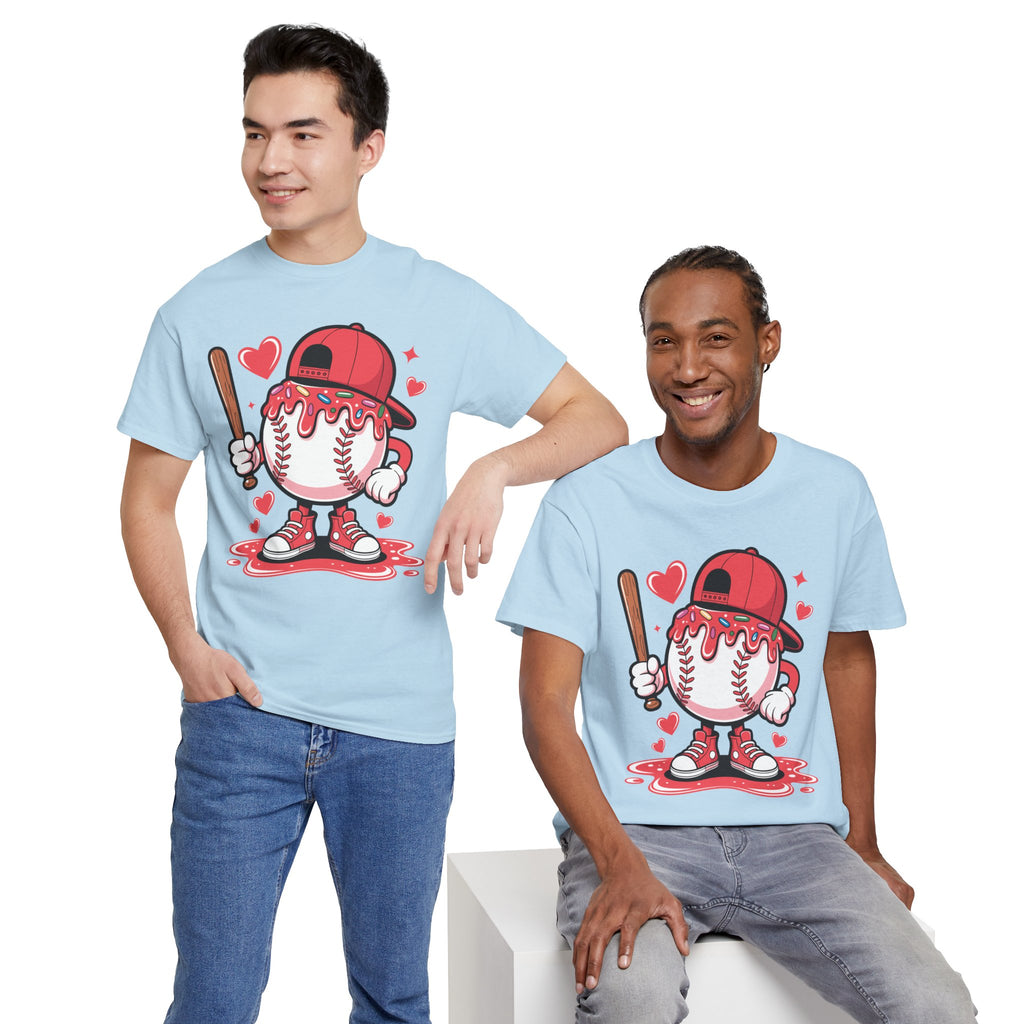 Cute Baseball Character T-Shirt — Red Cap & Icing Top Graphic with Hearts Unisex Cotton Tee