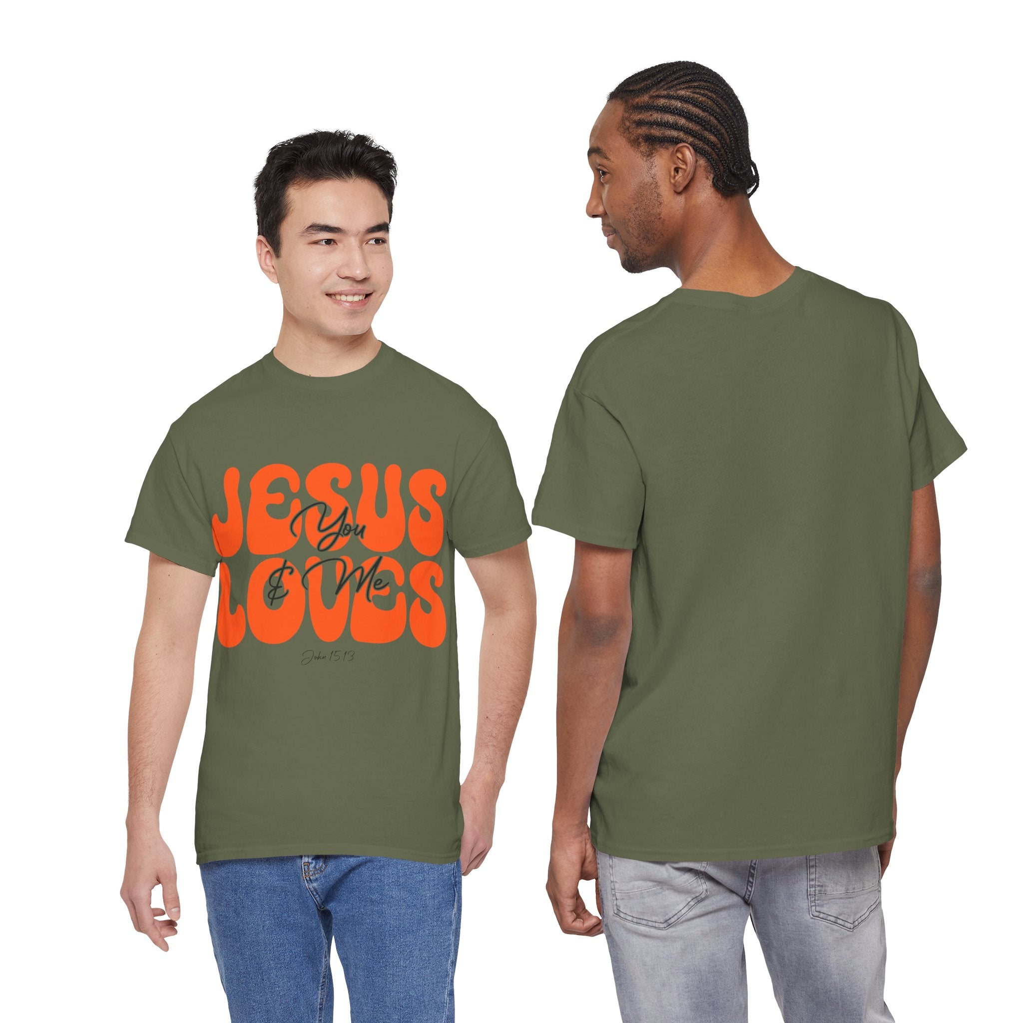 Jesus Loves You & Me Retro Tee — Playful Orange Bubbly Christian Unisex Cotton T-Shirt