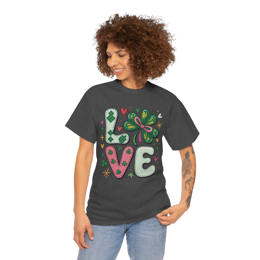 Stitched Clover 'LOVE' Tee — Heart & Patchwork St. Patrick's Unisex Cotton T-Shirt