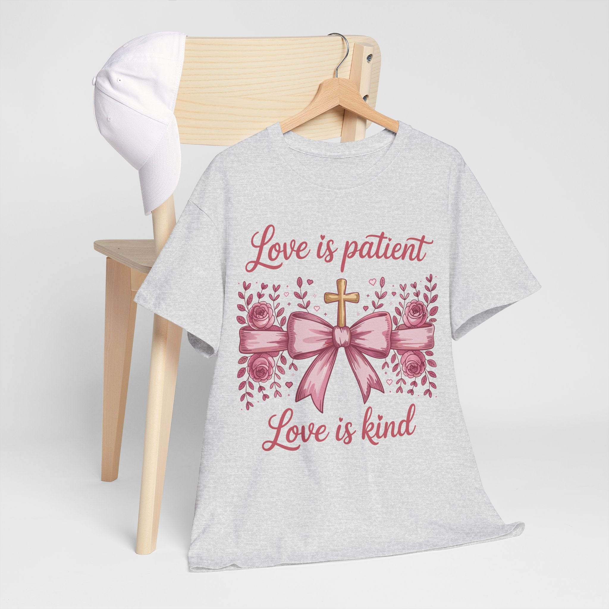 Christian Floral Tee — "Love is Patient, Love is Kind" Pink Rose Cross. Unisex Cotton Tee