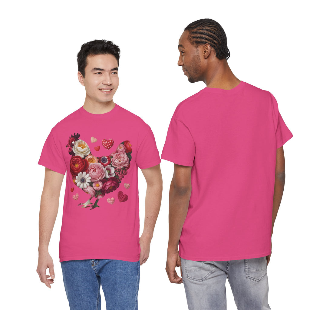 Floral Chicken Heart Tee — Red & Pink Flower Silhouette Unisex Cotton Tee