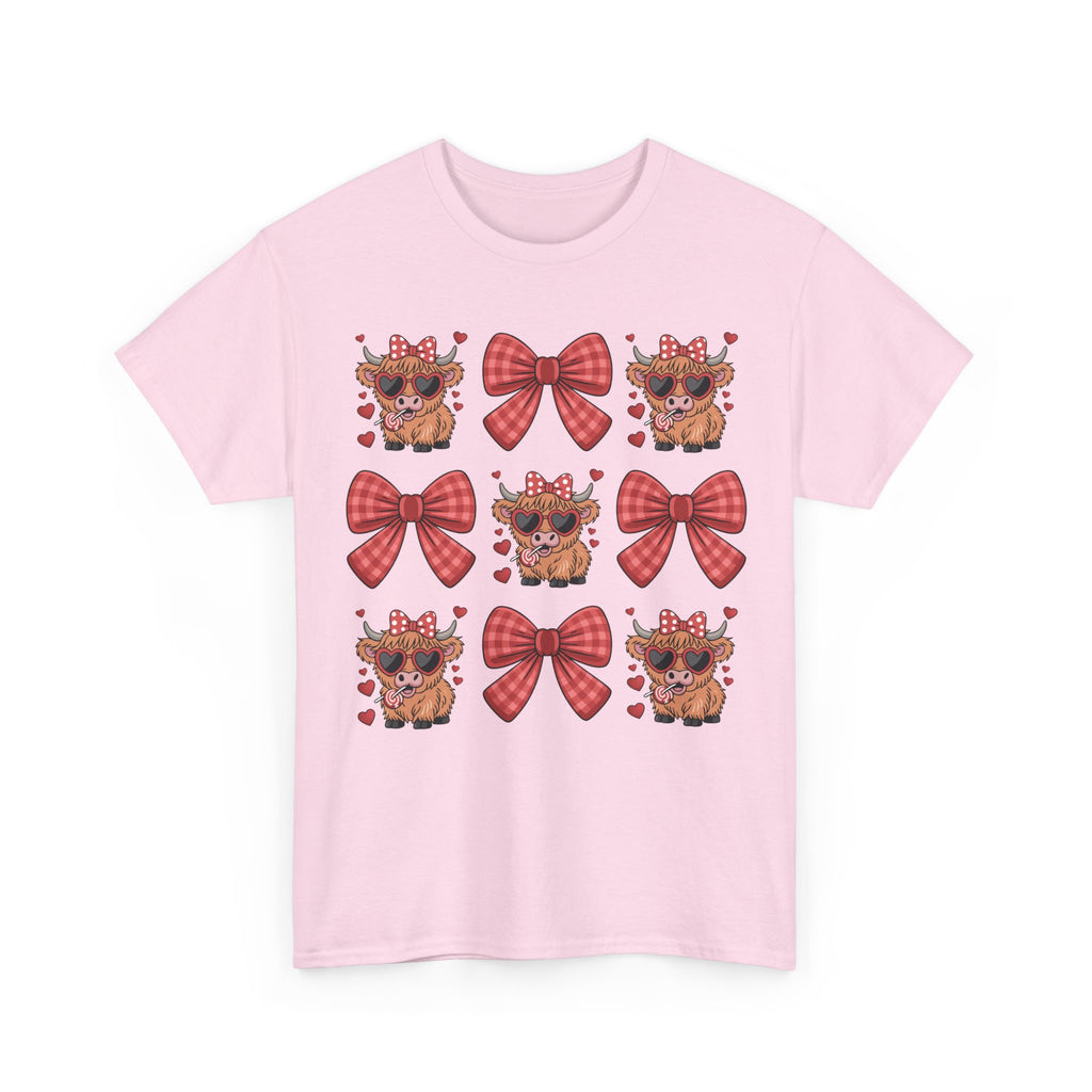 Valentine Cow Checkered Tee — Fluffy Cows with Heart Sunglasses & Red Bows..Unisex Cotton Tee