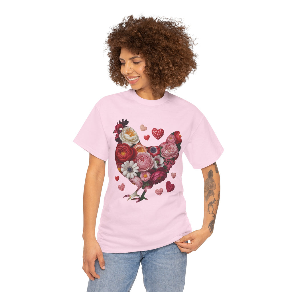 Floral Chicken Heart Tee — Red & Pink Flower Silhouette Unisex Cotton Tee