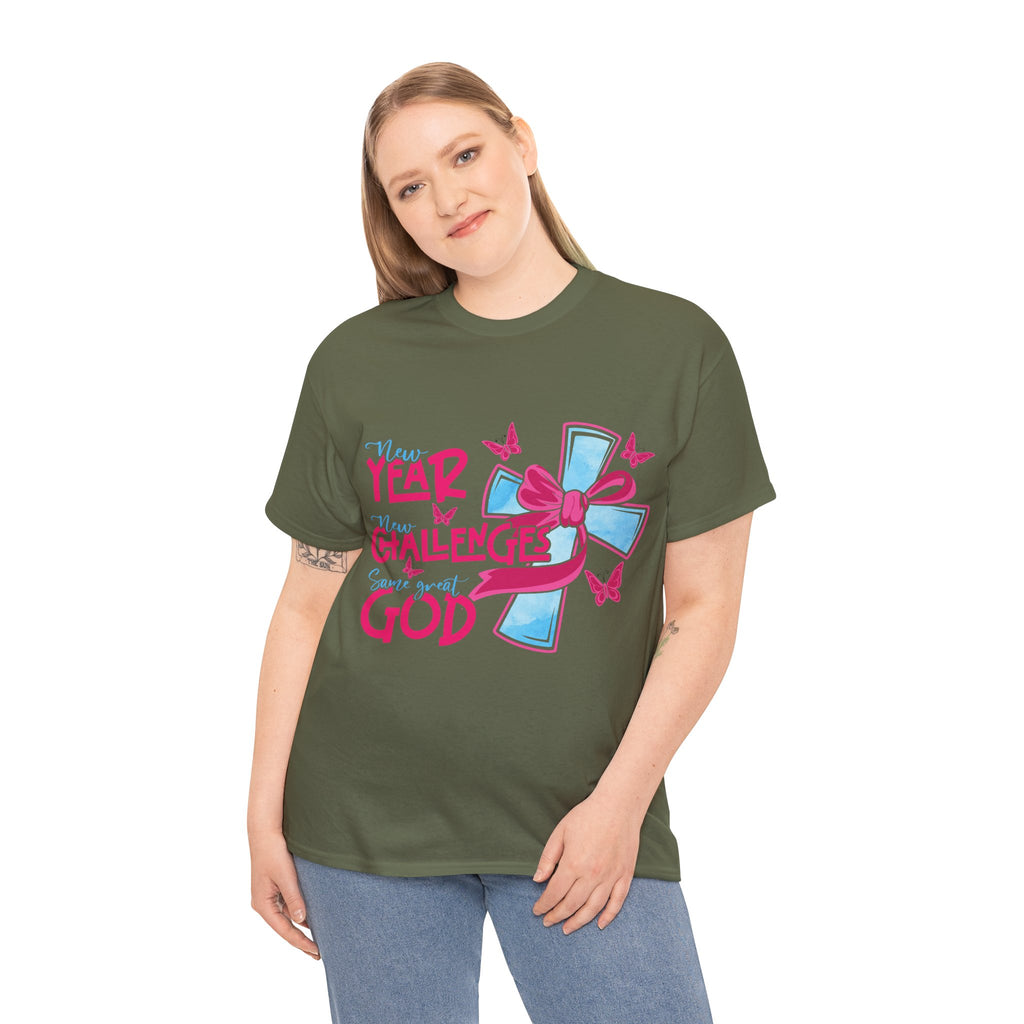 Christian T-Shirt — “New Year, New Challenges, Same Great God” with Pink Bow Cross & Butterflies. Unisex Cotton Tee