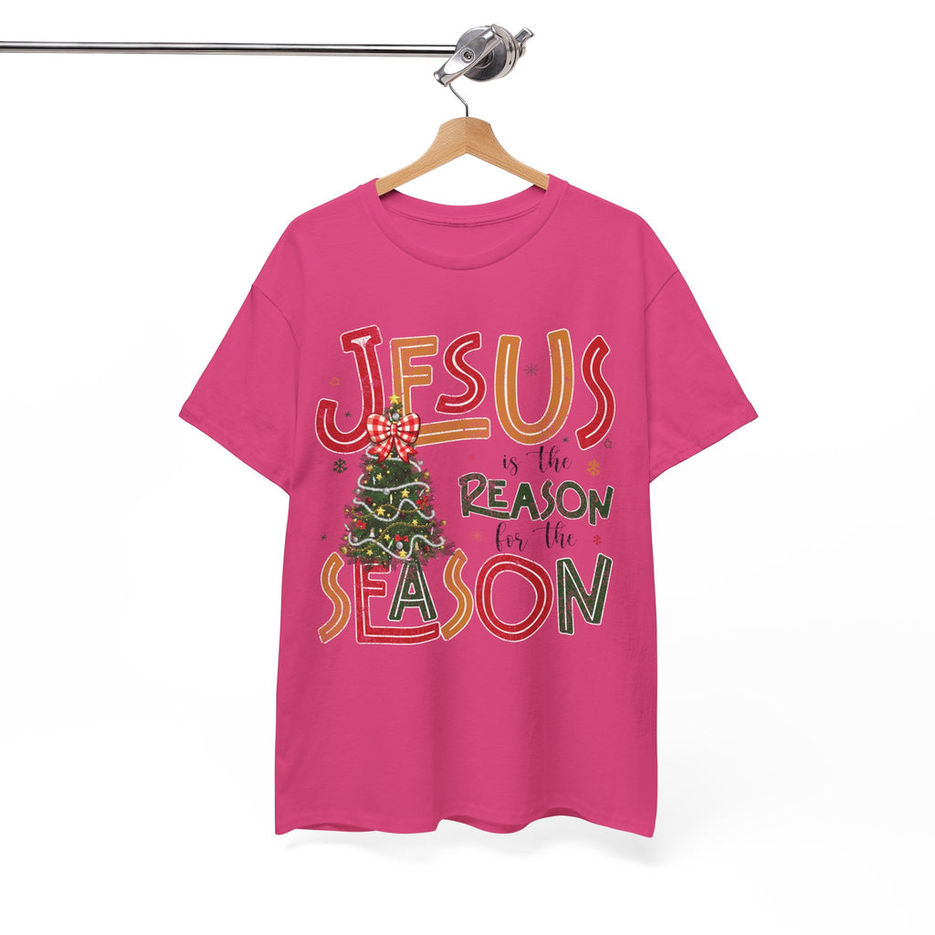 Jesus Is the Reason for the Season Christmas T-Shirt — Plaid Bow Tree..Unisex Cotton Tee