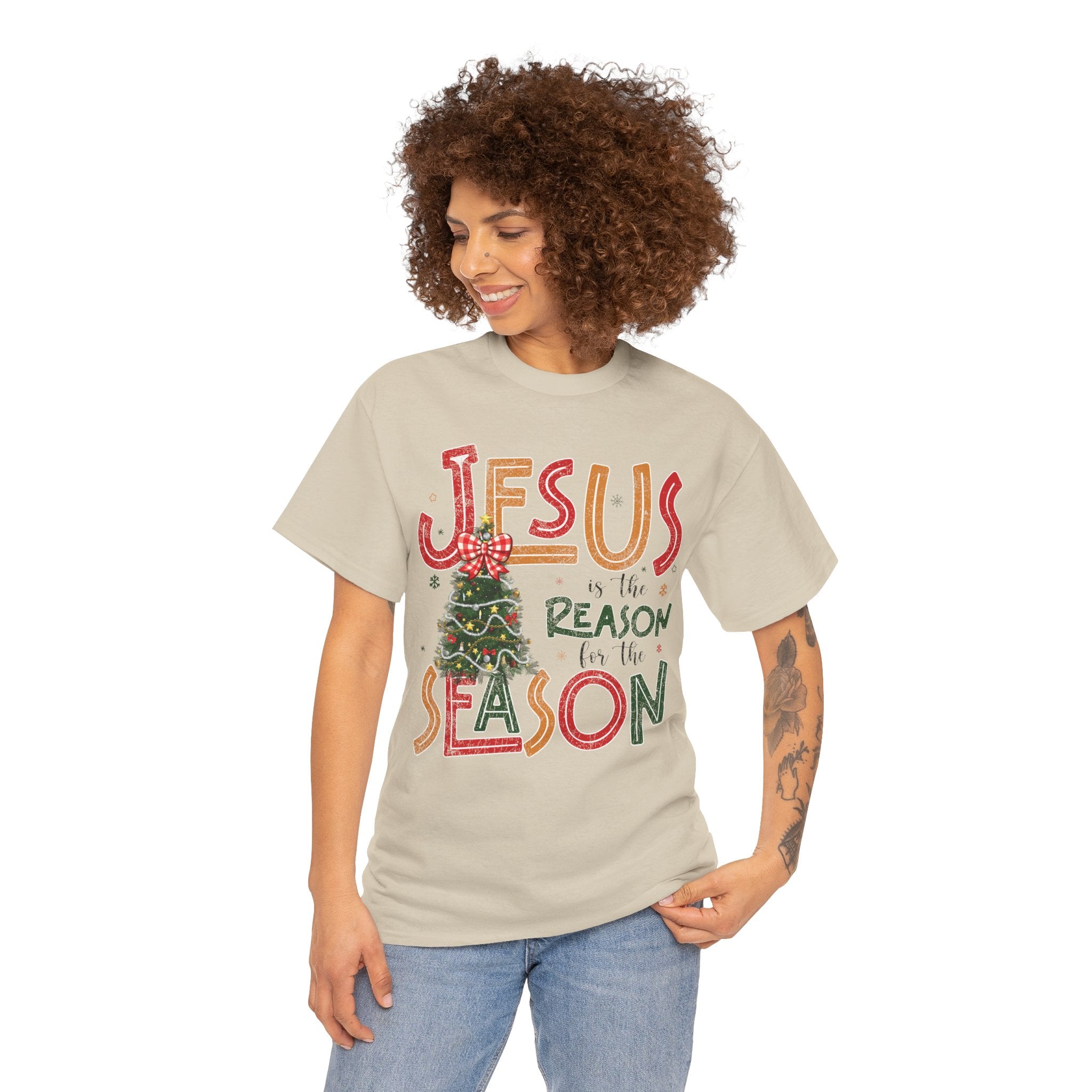 Jesus Is the Reason for the Season Christmas T-Shirt — Plaid Bow Tree..Unisex Cotton Tee