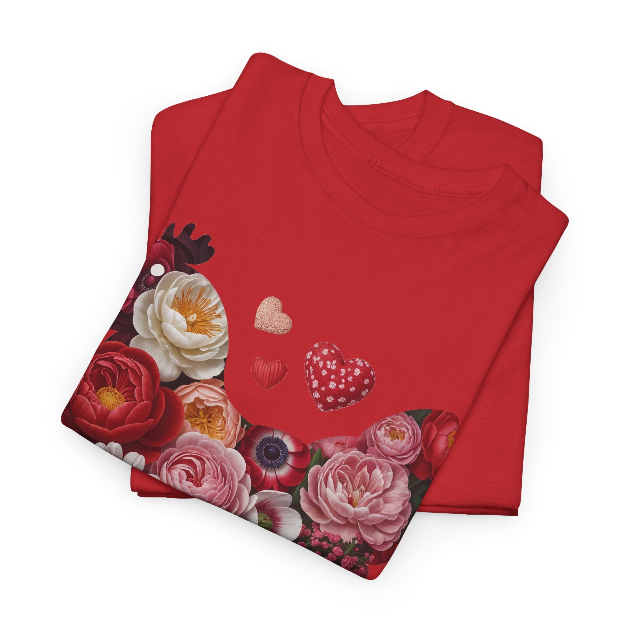 Floral Chicken Heart Tee — Red & Pink Flower Silhouette Unisex Cotton Tee