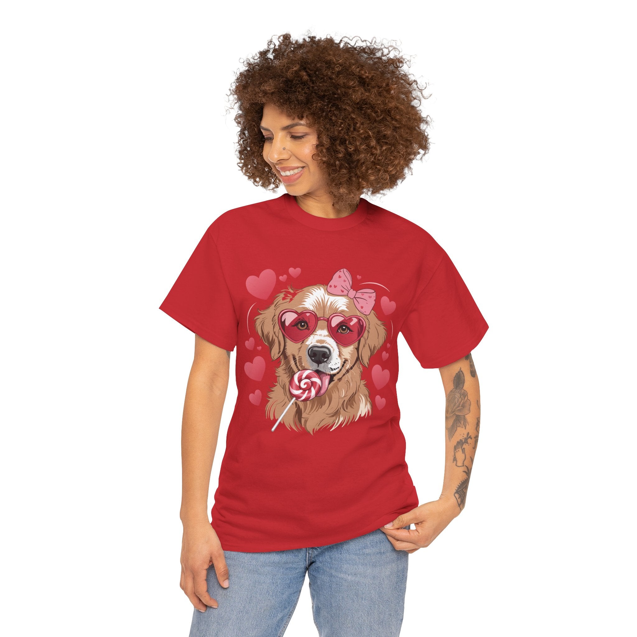 Valentine Dog T-Shirt — Cute Pup with Heart Glasses, Pink Bow & Lollipop..Unisex Cotton Tee