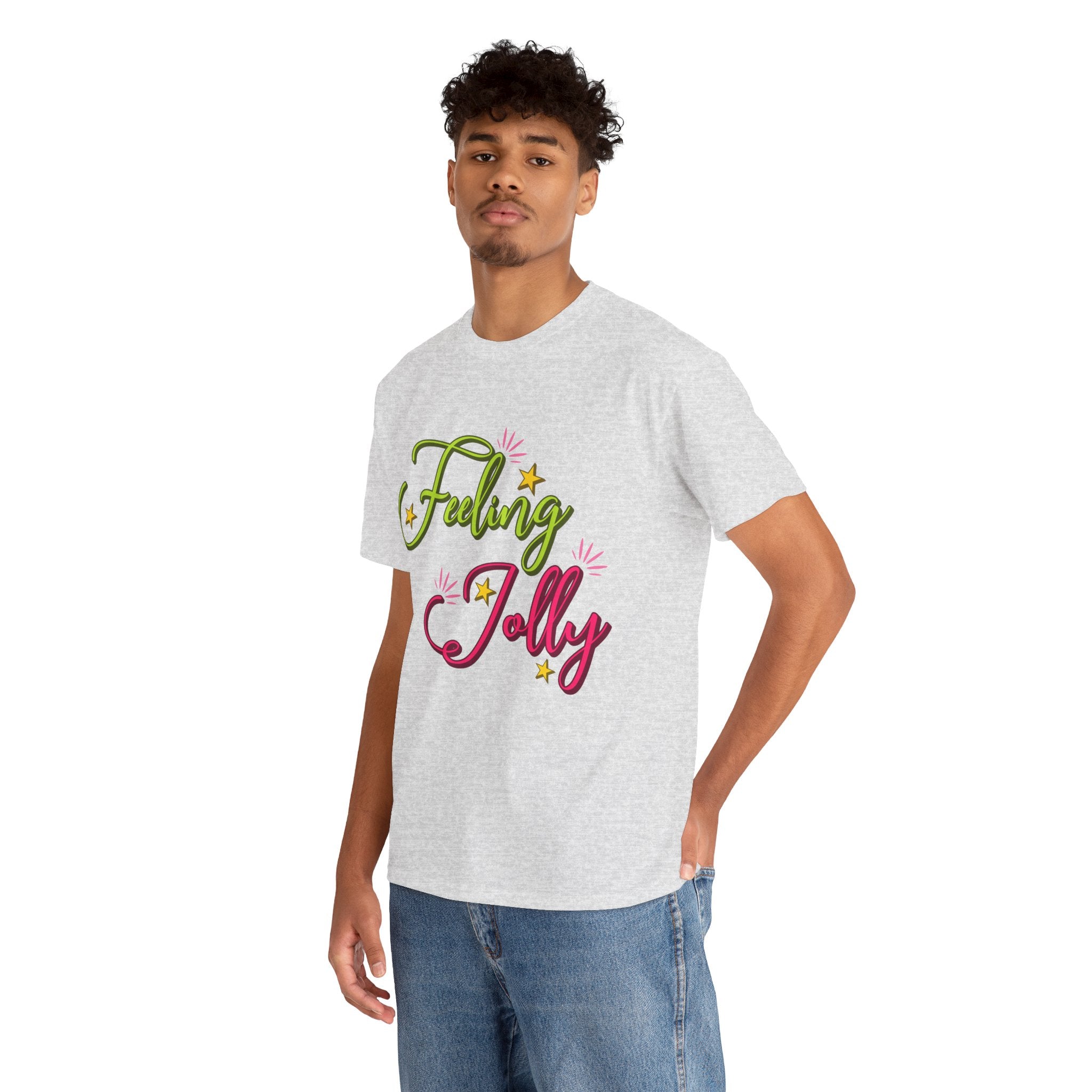 Feeling Jolly Tee — Festive Green & Pink Script with Yellow Stars Unisex Cotton Tee