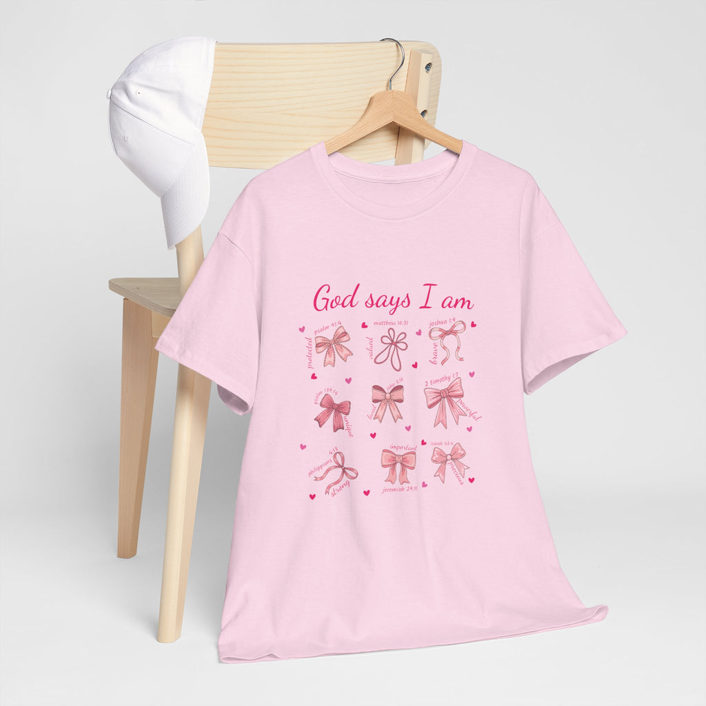 God Says I Am Christian Tee — Pink Affirmation T-Shirt with Bible Verse Bows.Unisex Cotton Tee